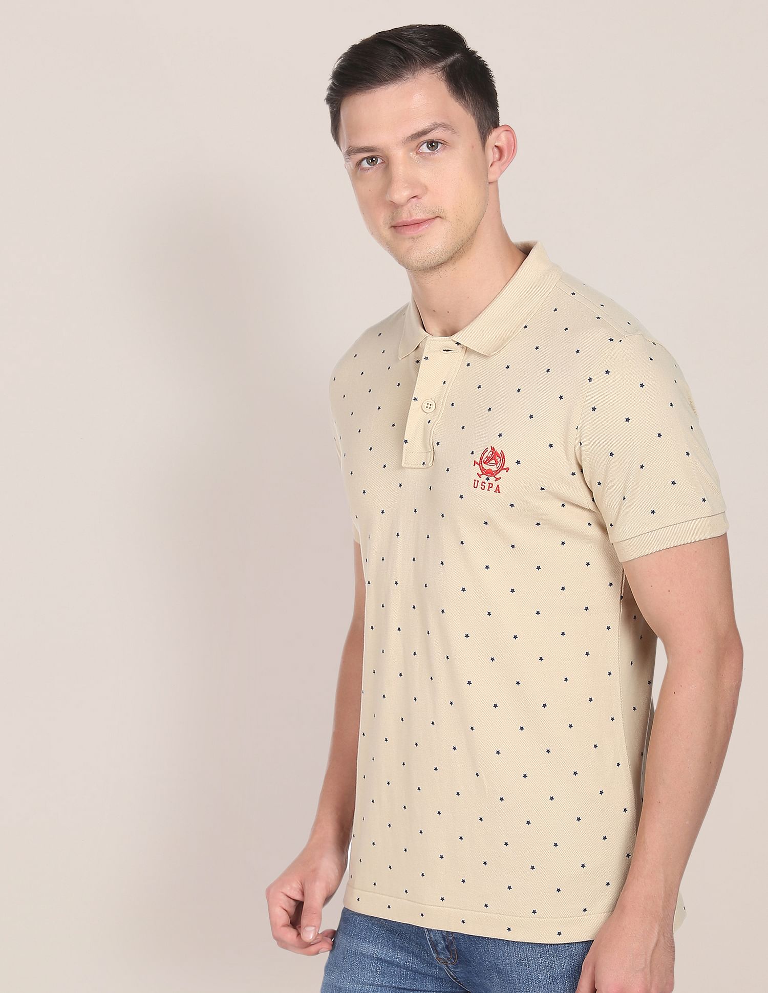 All Over Printed Cotton Polo Shirt Beige - U.S. Polo Assn. India | Large