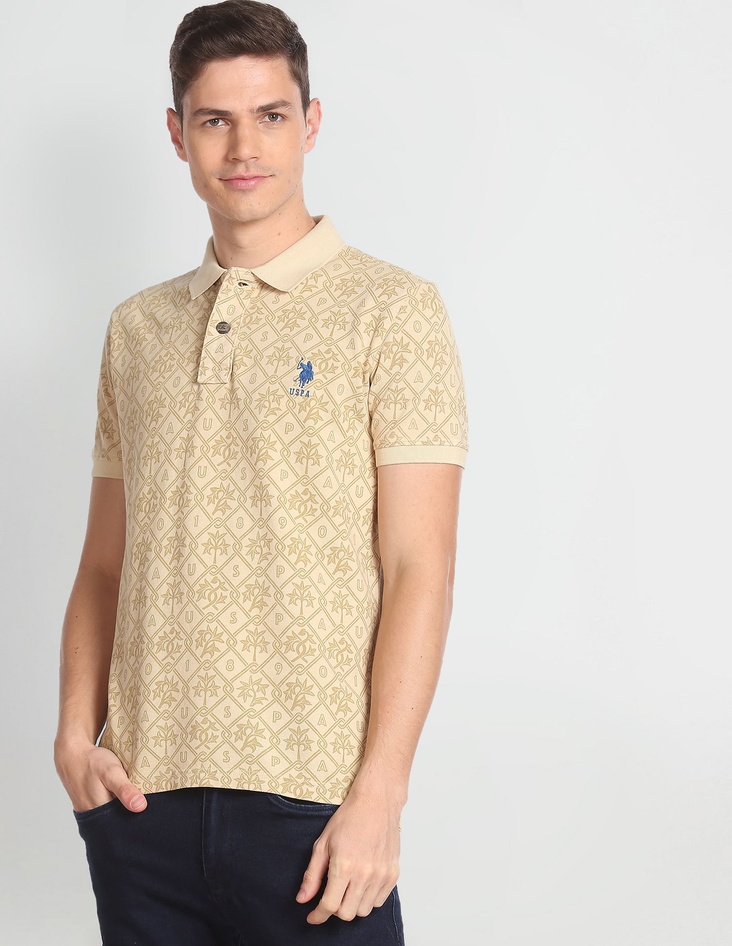 Cotton Floral Print Polo Shirt Beige - U.S. POLO ASSN. | Large