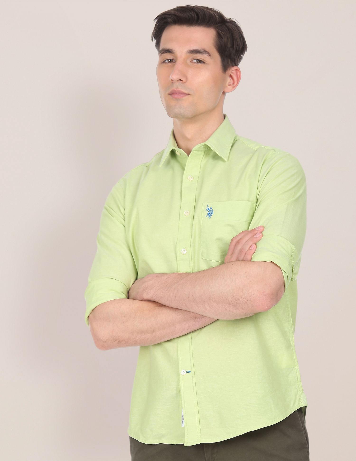 Spread Collar Solid Casual Shirt Light Green - U.S. Polo Assn. India | Large