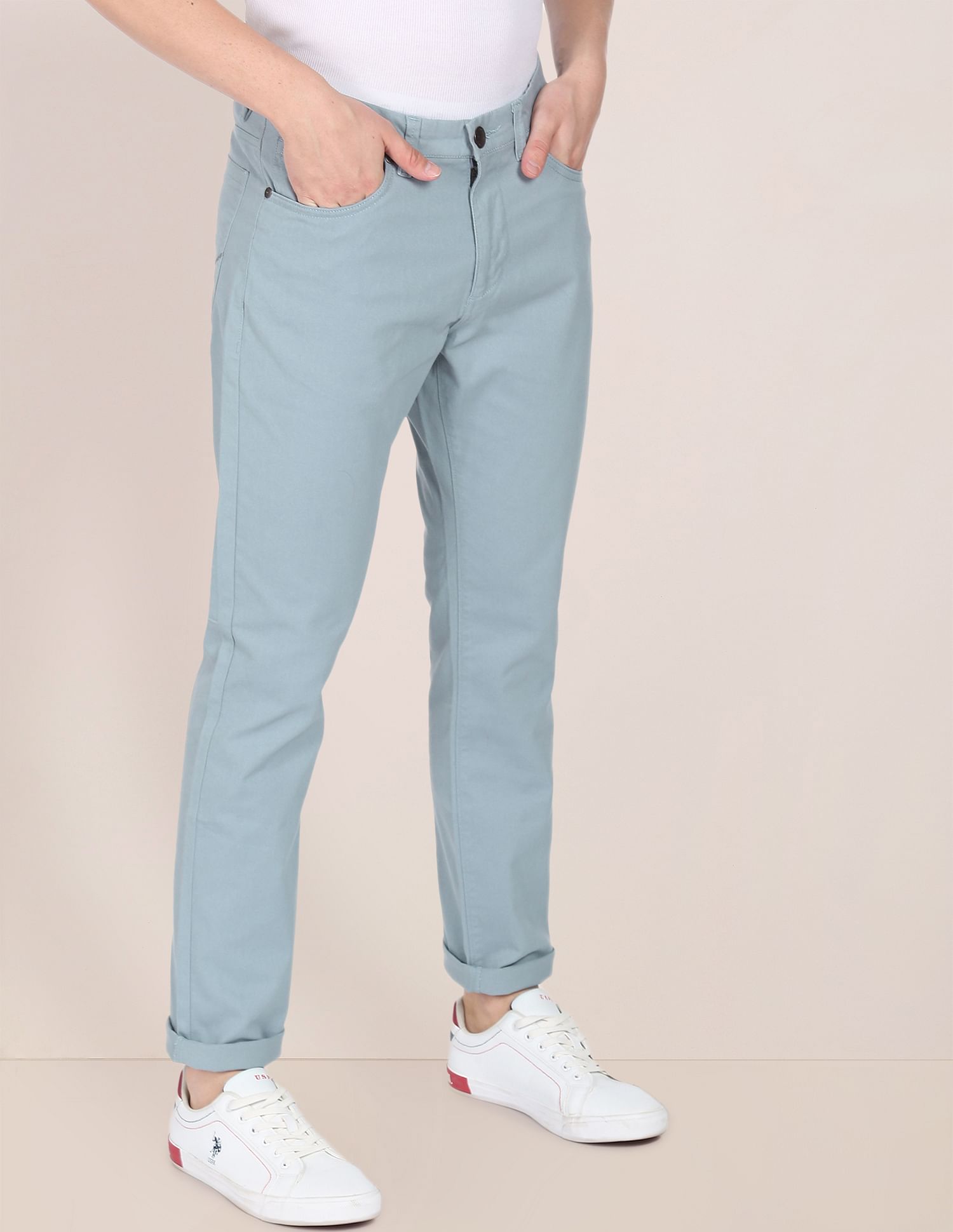 Mid Rise Solid Casual Trousers Light Blue - U.S. POLO ASSN. | Large
