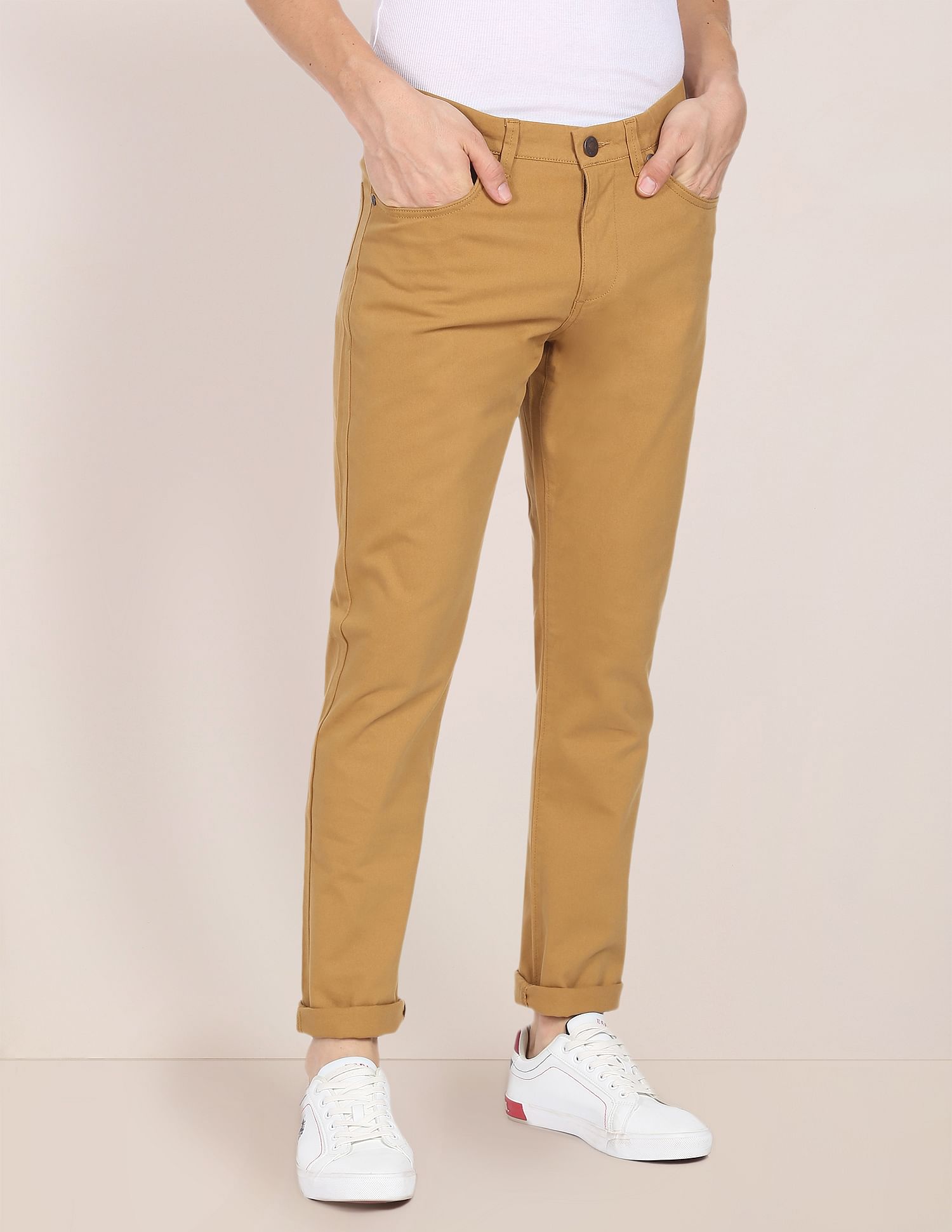 Solid Twill Casual Trousers Khaki - U.S. Polo Assn. India | Large