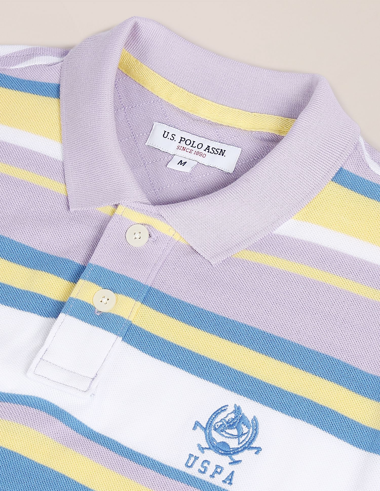 Men Light Purple Cotton Striped Logo Polo Shirt Light Purple - U.S. POLO ASSN. | Large