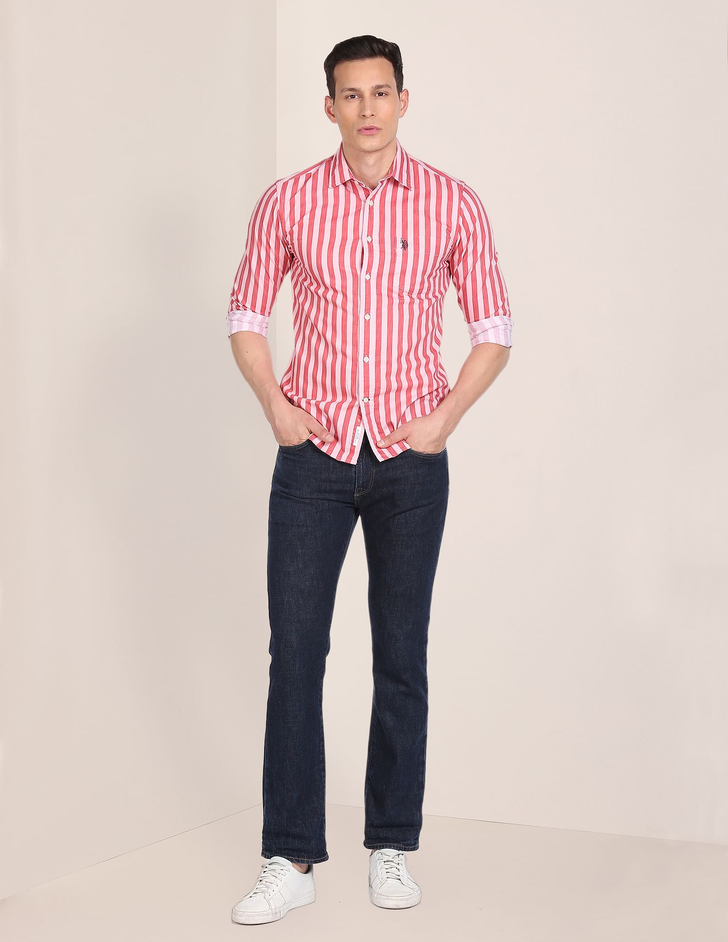 Rounded Cuff Striped Casual Shirt Pink - U.S. POLO ASSN. | Large