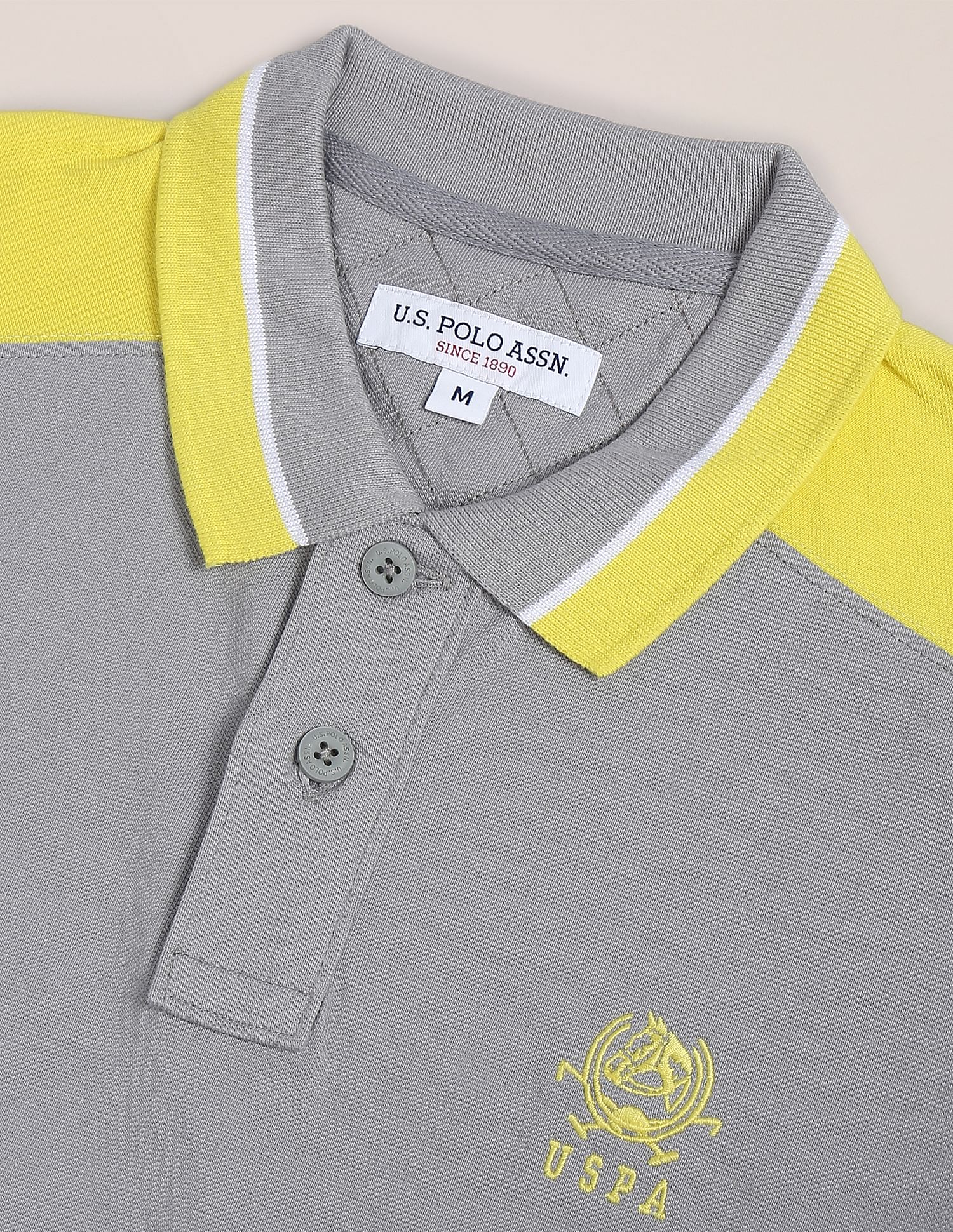 Colour Block Cotton Polo Shirt Grey and Yellow - U.S. Polo Assn. India | Large