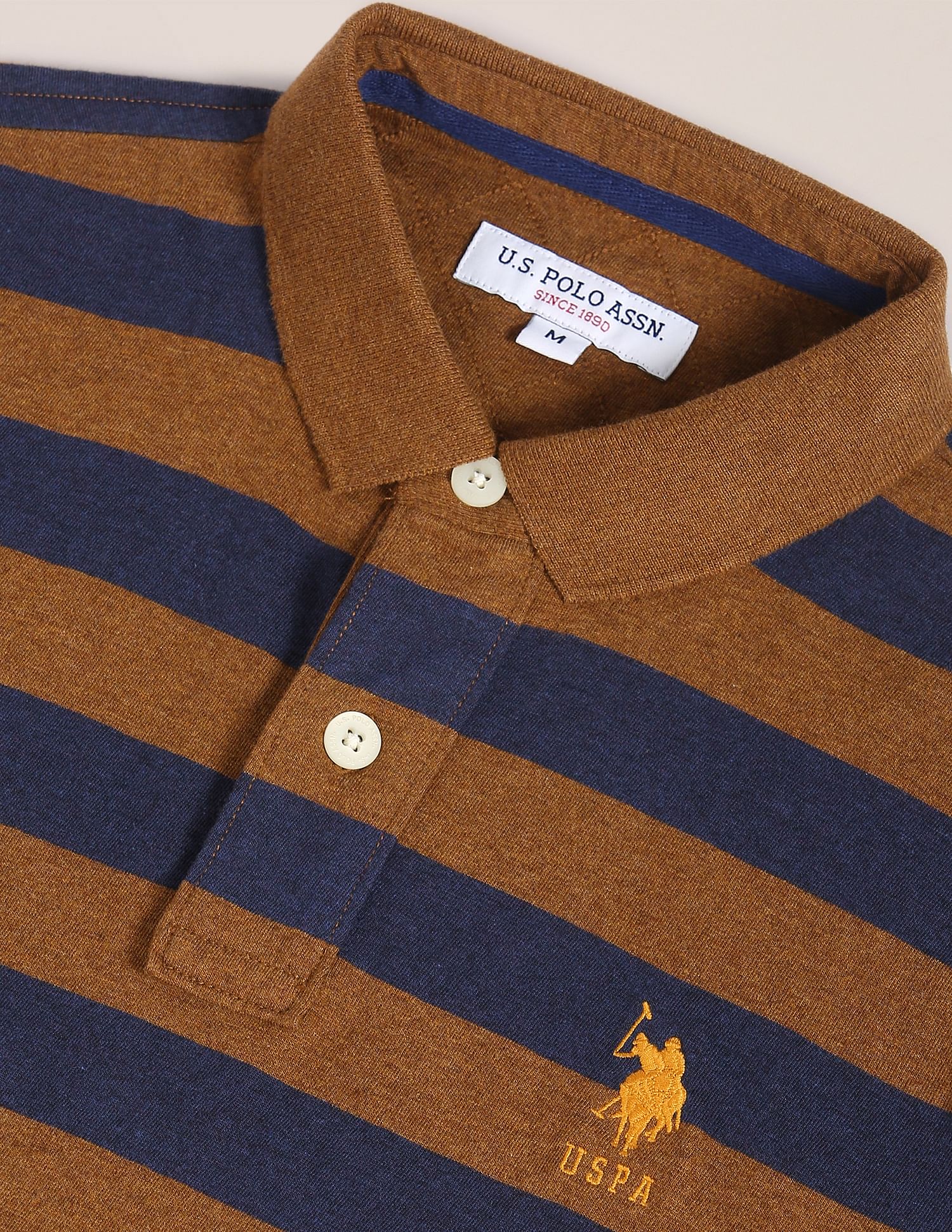 Long Sleeve Horizontal Stripe Polo Shirt Ochre and Navy - U.S. Polo Assn. India | Large