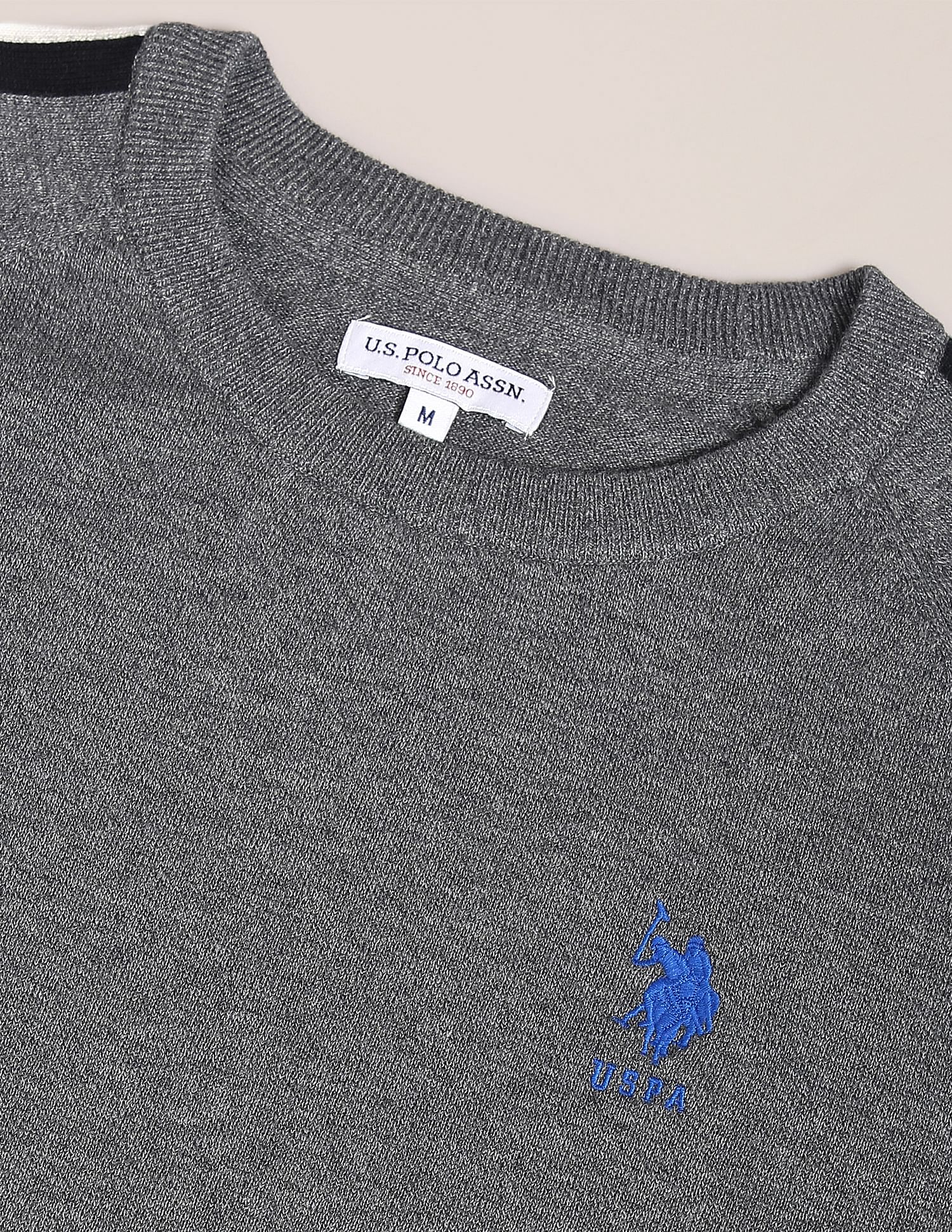Striped Sleeve Heathered Sweater Grey - U.S. Polo Assn. India | Large