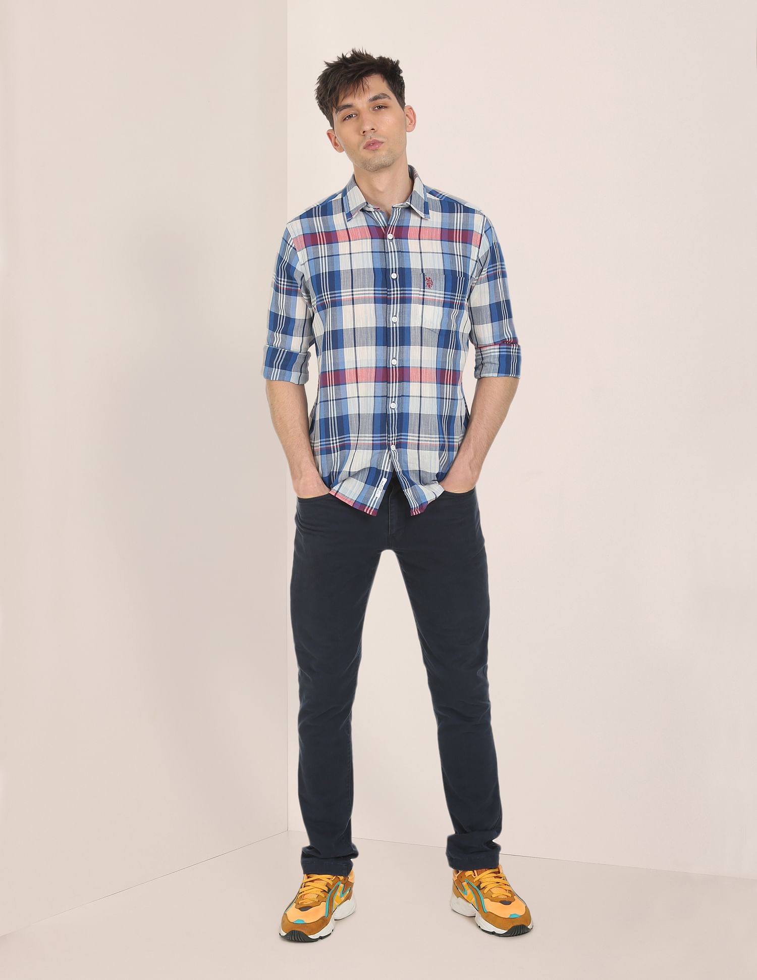 Men Blue Spread Collar Check Casual Shirt Blue - U.S. POLO ASSN. | Large