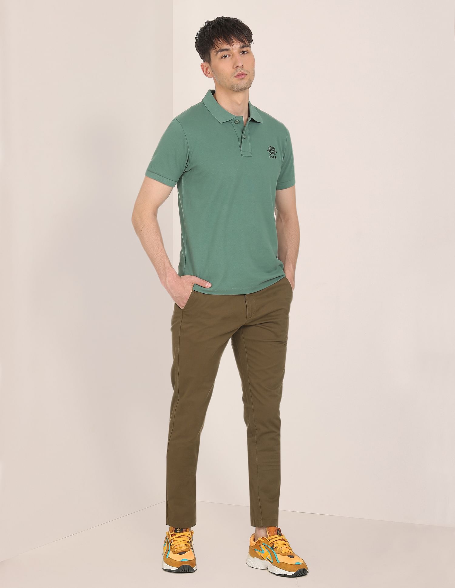 Men Dark Khaki Denver Slim Fit Solid Casual Trousers Dark Khaki - U.S. POLO ASSN. | Large