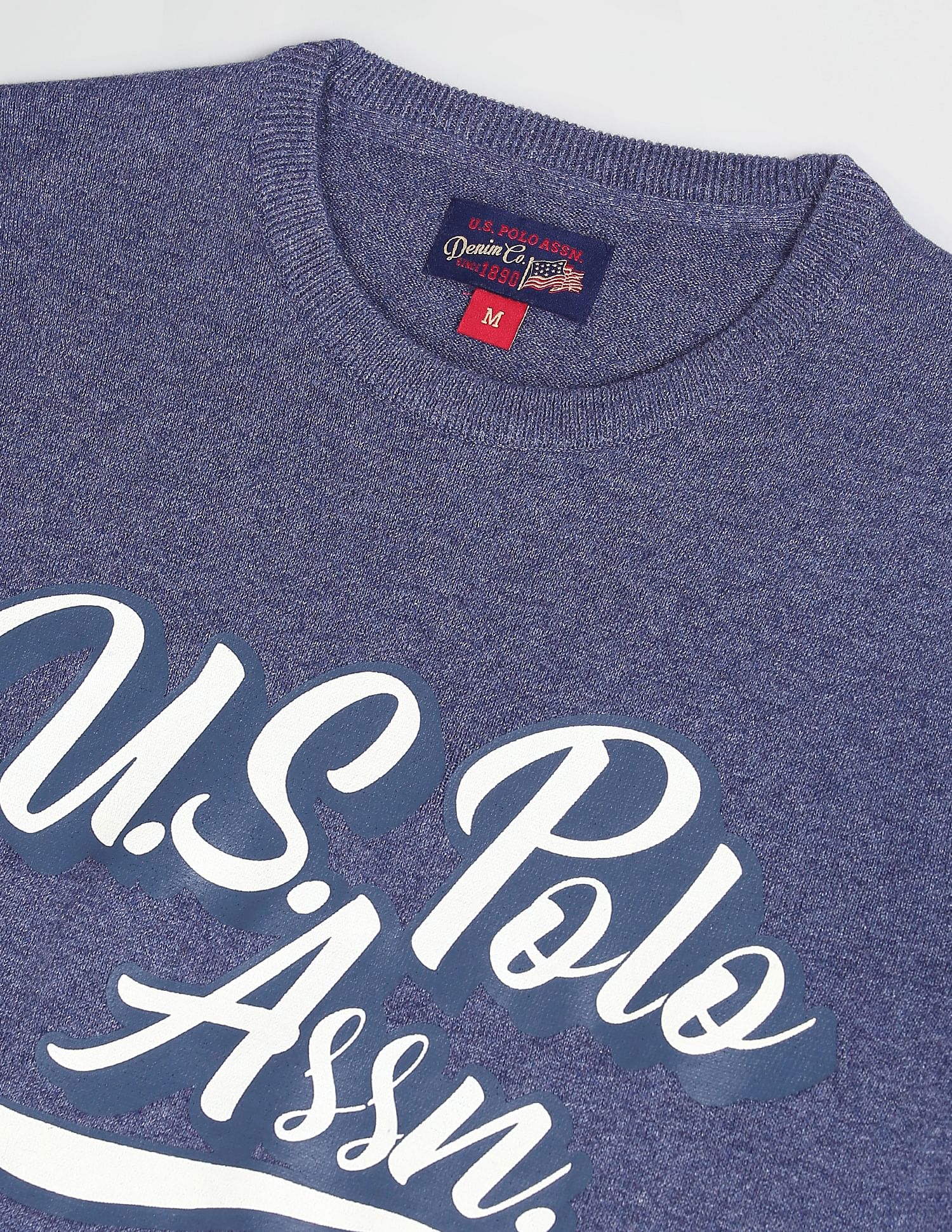 Men Blue Crew Neck Brand Print Heathered Sweater Blue - U.S. POLO ASSN. | Large