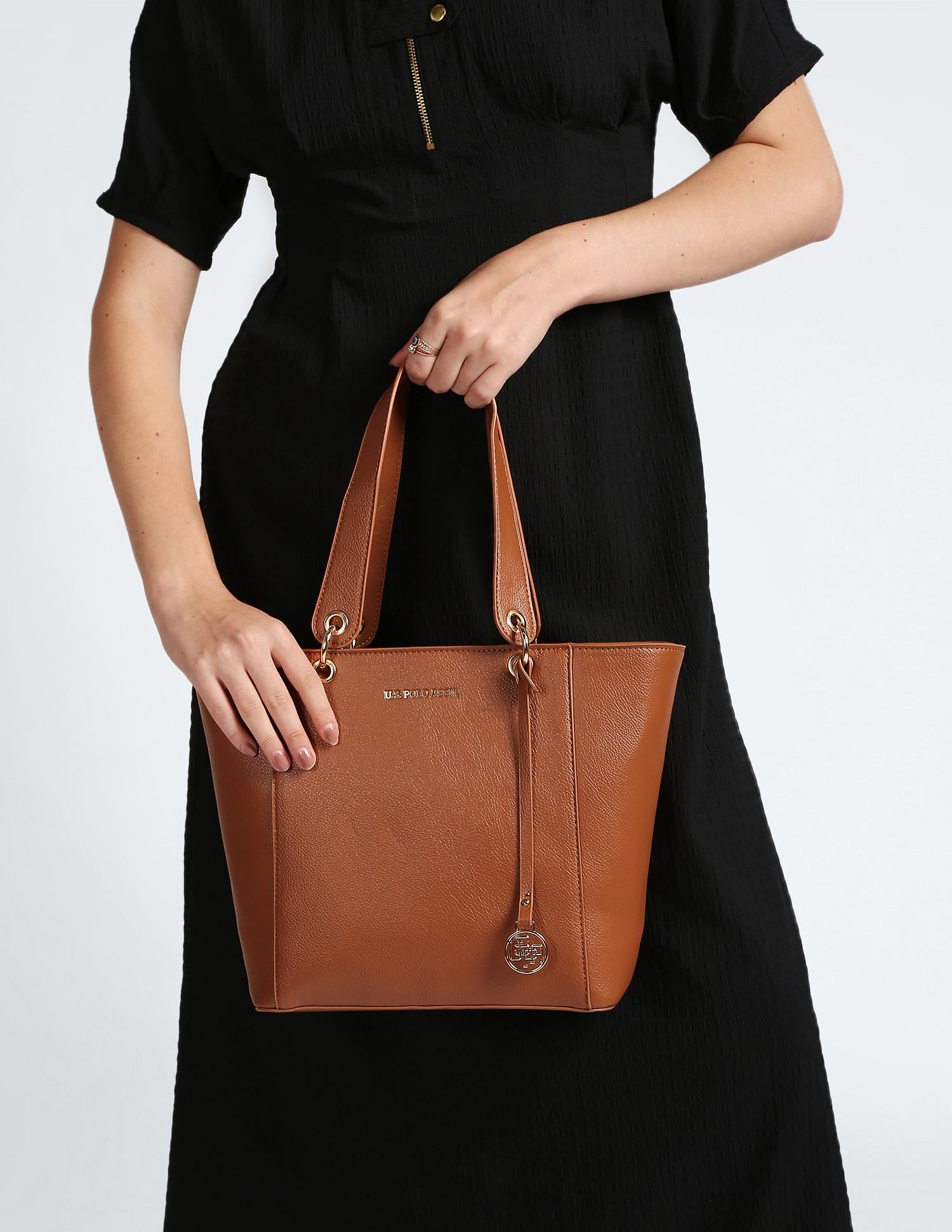 Metallic Monogram Solid Tote Bag Tan - U.S. POLO ASSN. | Large