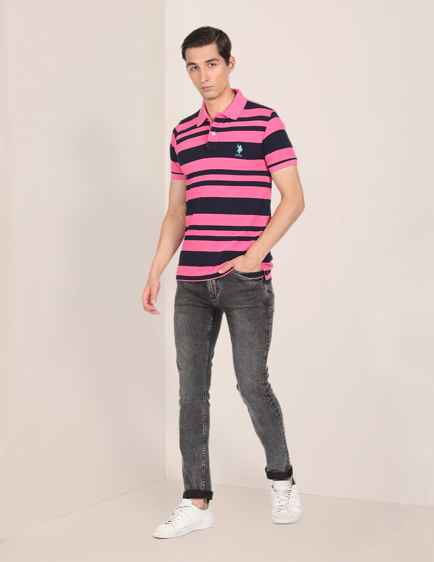 Ribbed Collar Striped Polo Shirt Pink and Navy - U.S. Polo Assn. India | Large