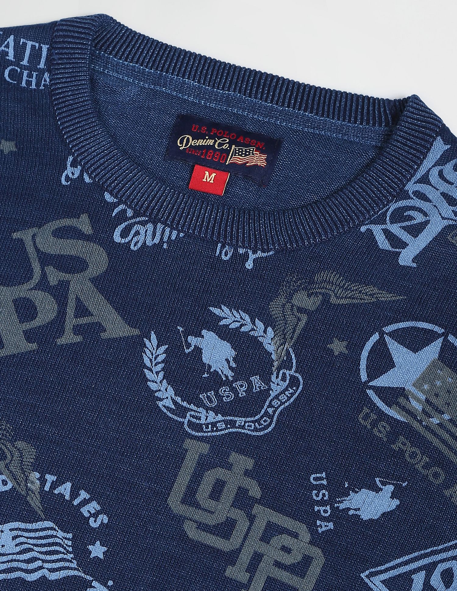 Heathered Brand Print Cotton Sweater Dark Blue - U.S. POLO ASSN. | Large