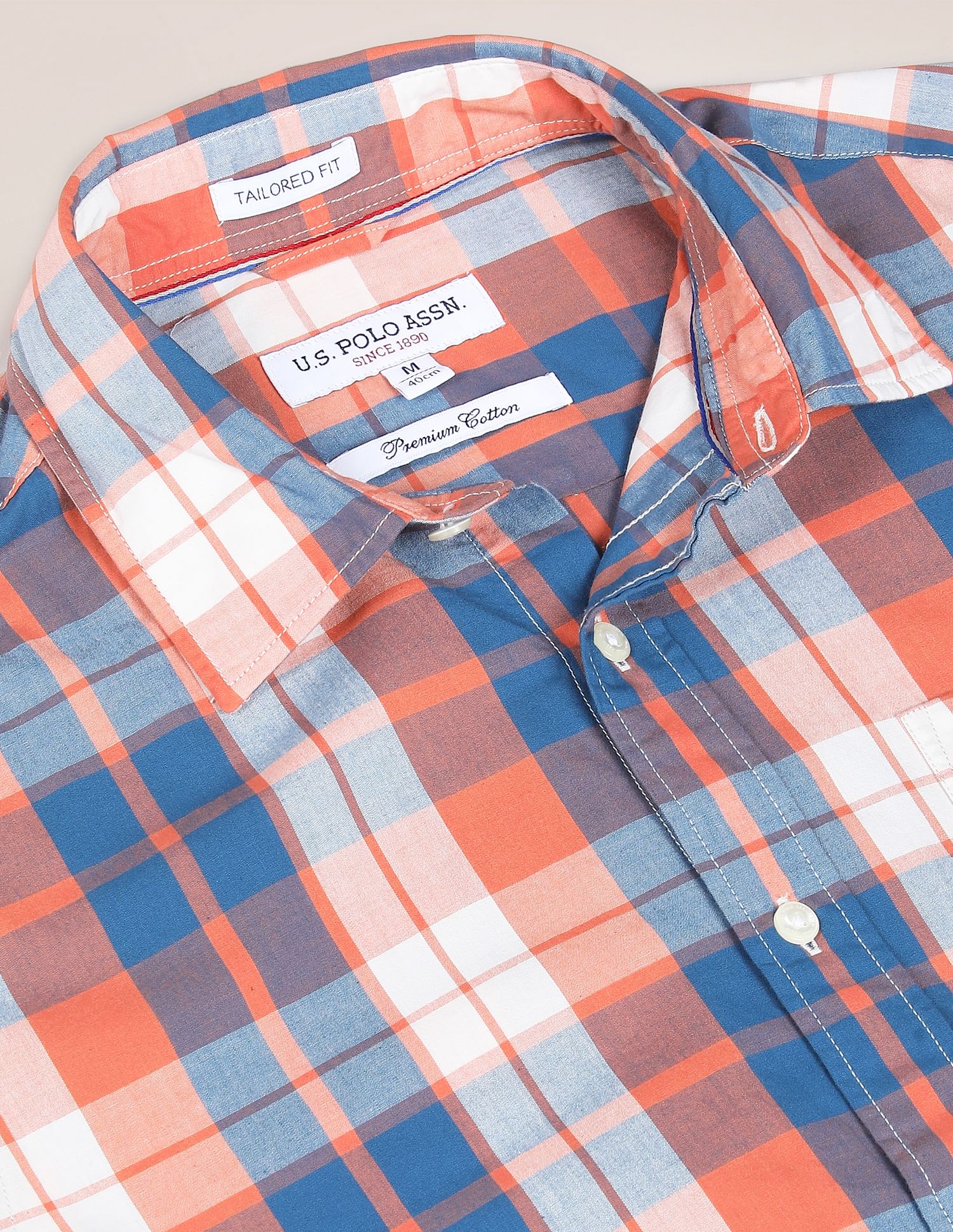 Patch Pocket Check Casual Shirt Orange and Blue - U.S. Polo Assn. India | Large