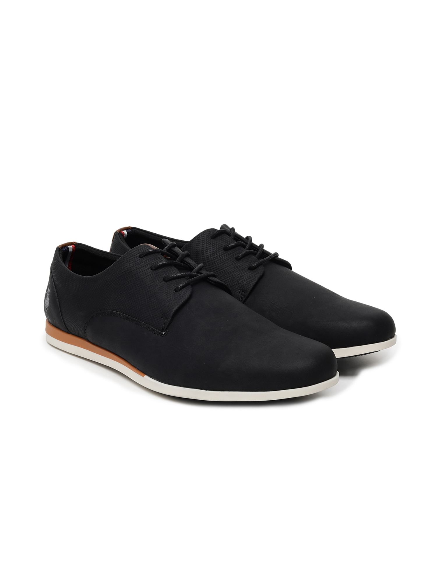 Men Clest Round Toe Solid Panelled PU Shoes Black - U.S. Polo Assn. India | Large