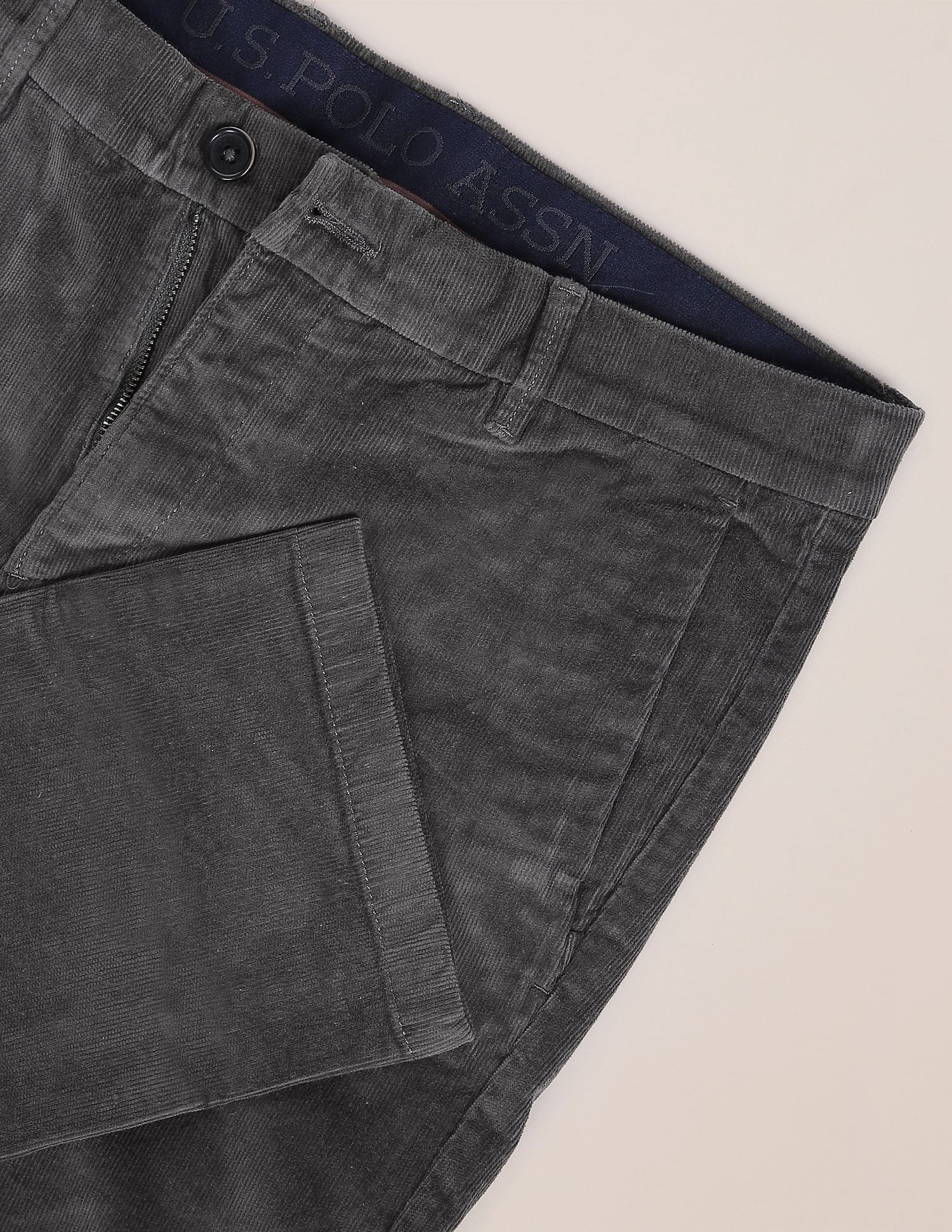 Men Dark Grey Corduroy Weave Denver Slim Fit Casual Trousers Dark Grey - U.S. Polo Assn. India | Large