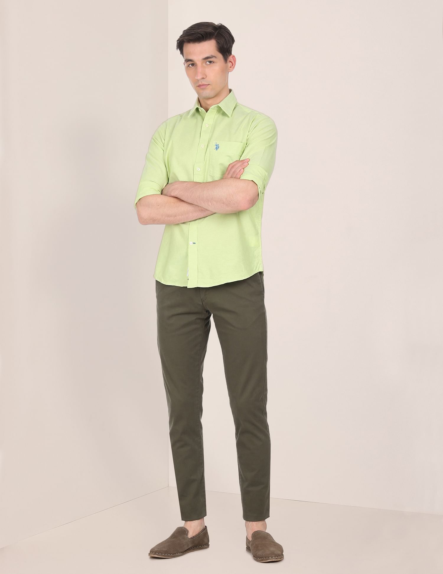 Spread Collar Solid Casual Shirt Light Green - U.S. Polo Assn. India | Large