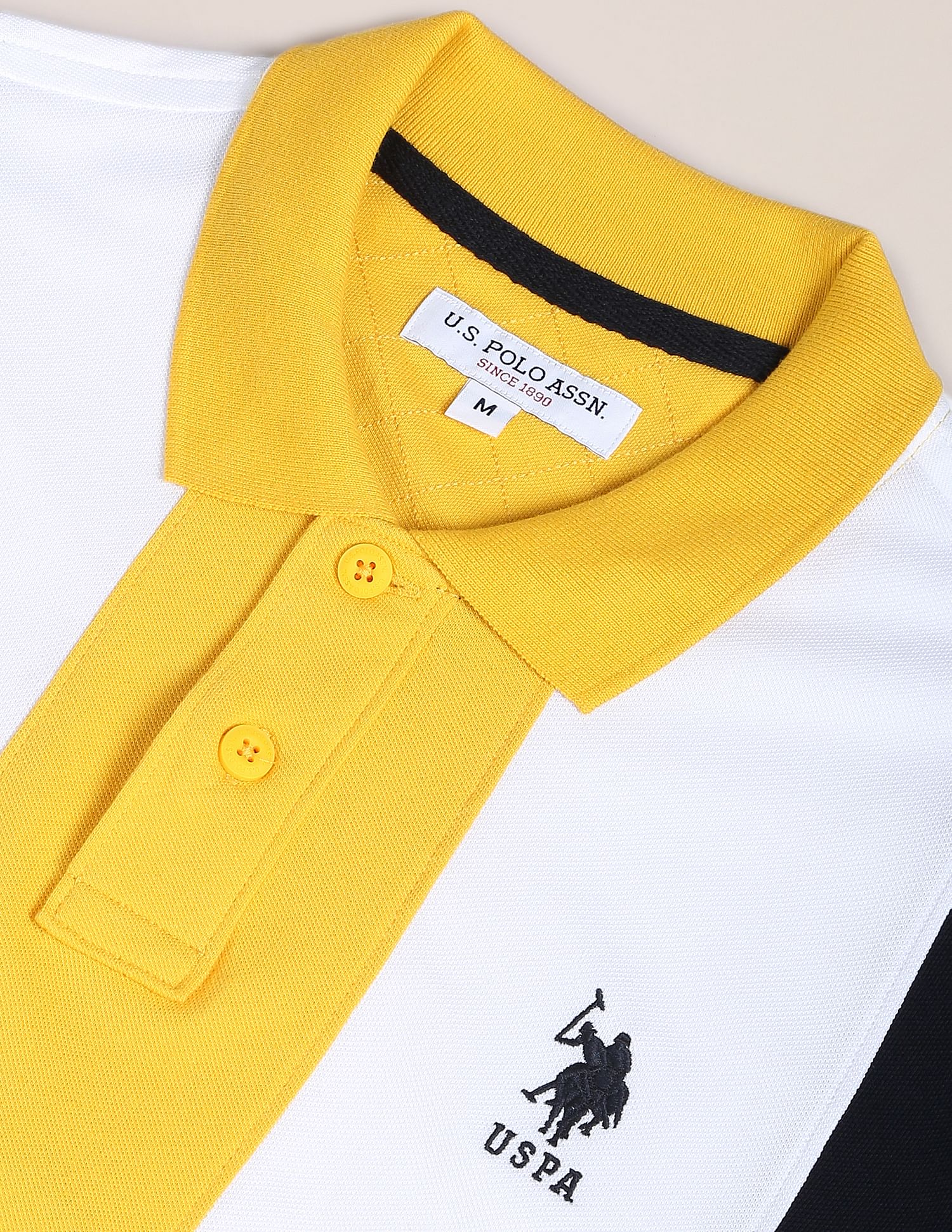 Men Yellow And White Colour Block Cotton Polo Shirt Yellow and White - U.S. Polo Assn. India | Large
