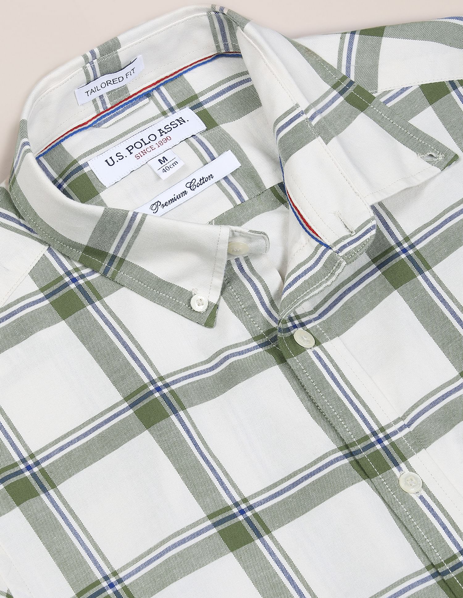 Men White and Green Cotton Plaid Check Casual Shirt White and Green - U.S. Polo Assn. India | Large