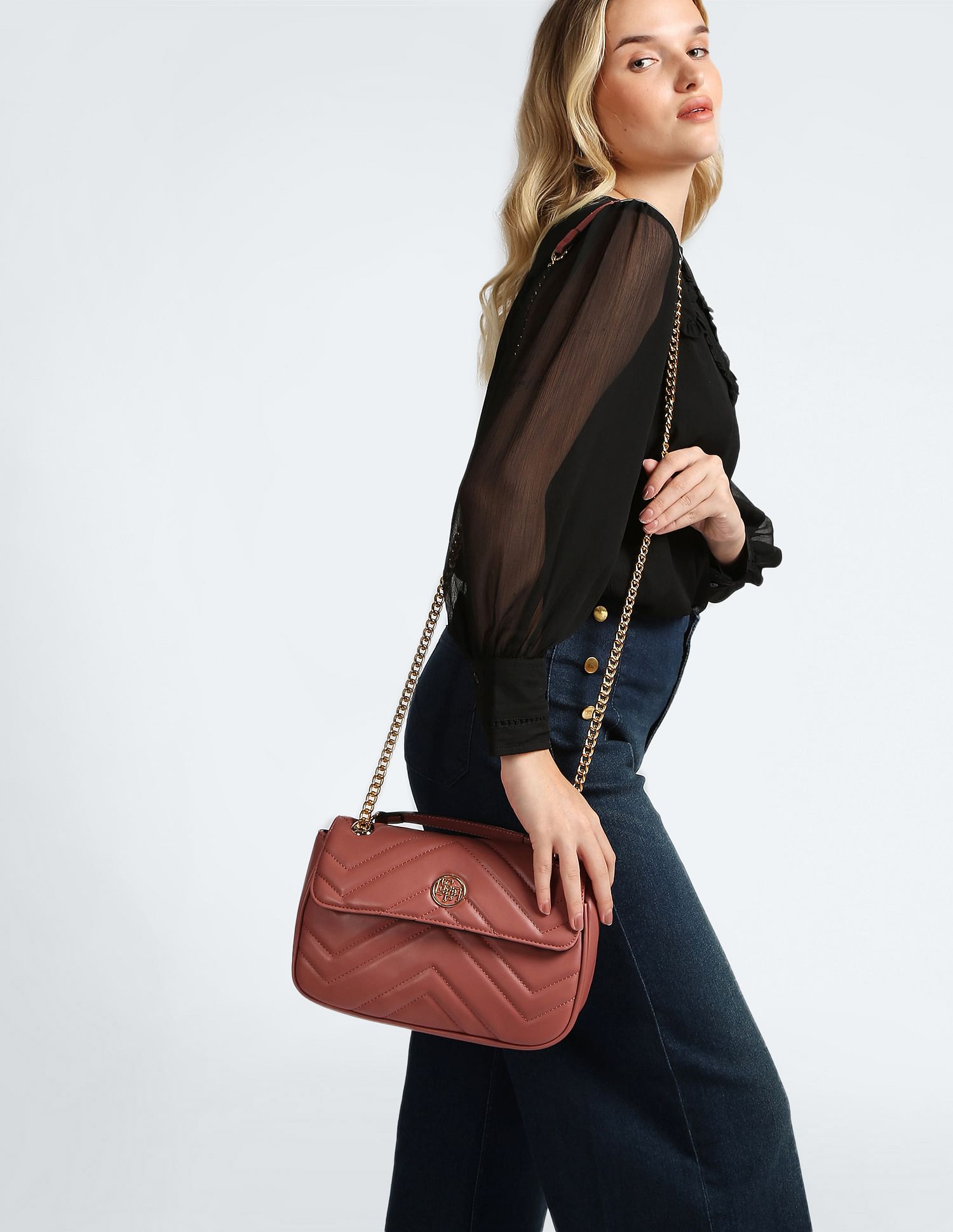 Chain Strap Chevron Quilted Sling Bag Dark Pink - U.S. POLO ASSN. | Large