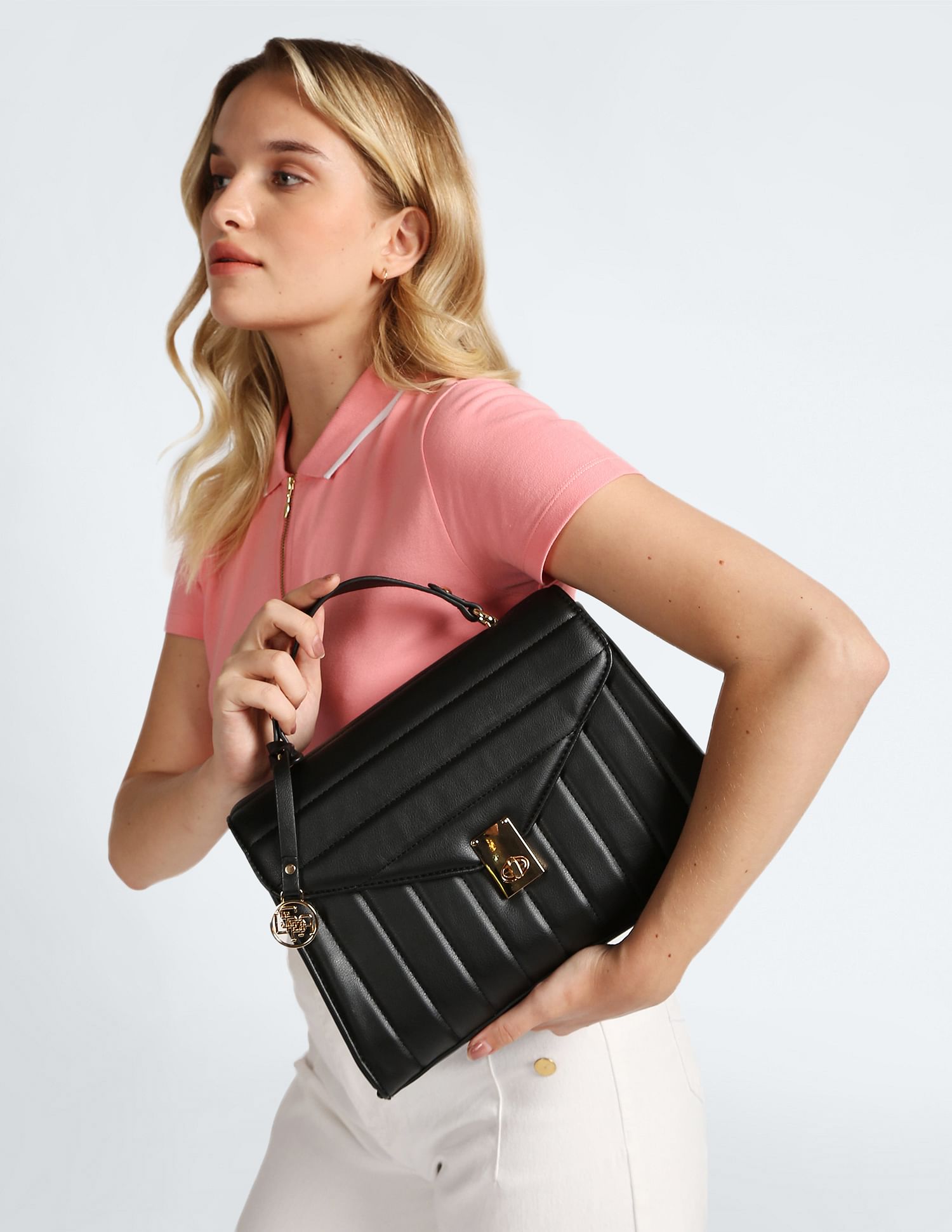 Detachable Strap Quilted Satchel Bag Black - U.S. POLO ASSN. | Large