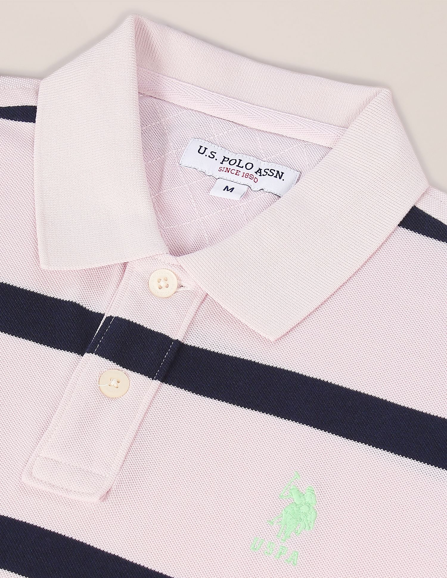 Ribbed Collar Striped Polo Shirt Light Pink - U.S. Polo Assn. India | Large