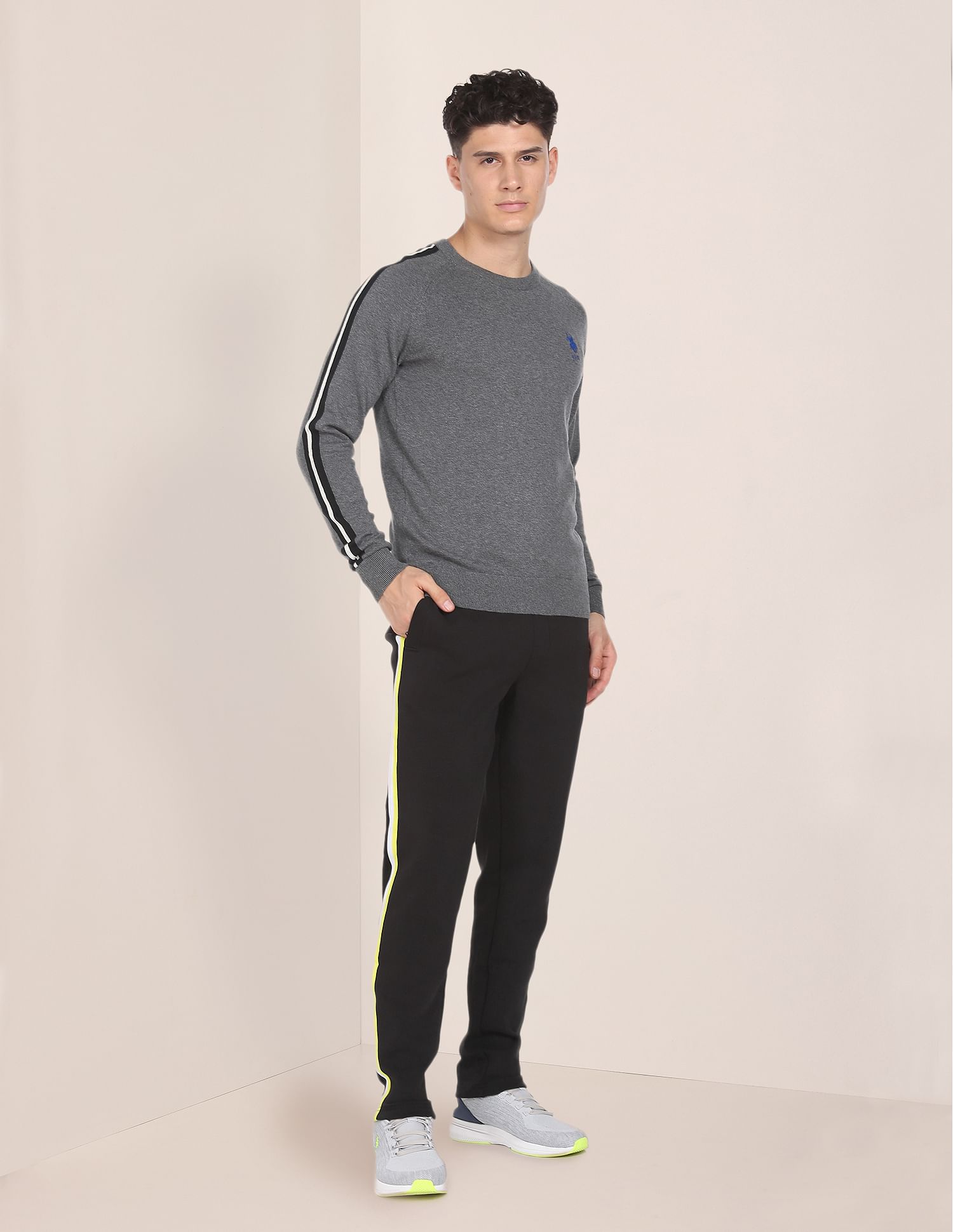 Striped Sleeve Heathered Sweater Grey - U.S. Polo Assn. India | Large