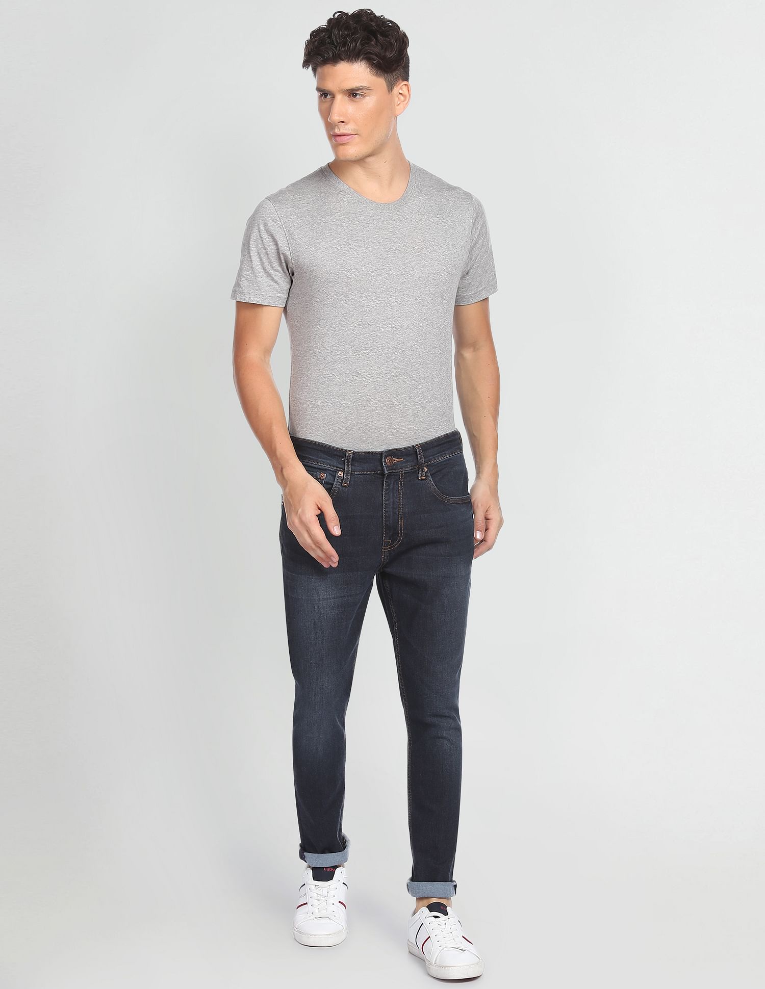 Men Dark Blue Dark Wash Henry Tapered Cropped Fit Jeans – U.S. Polo ...
