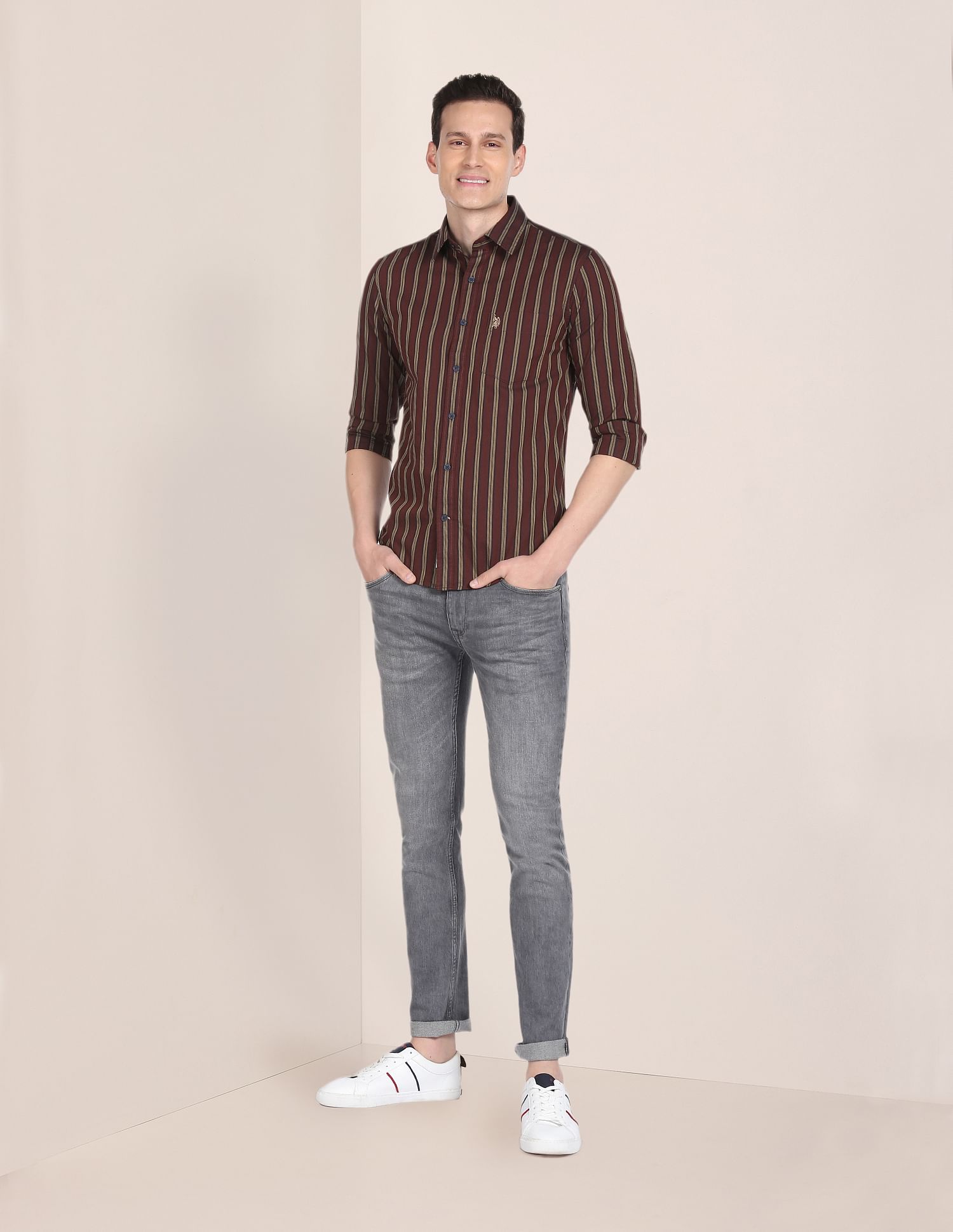 Cutaway Collar Vertical Stripe Casual Shirt Maroon - U.S. Polo Assn. India | Large