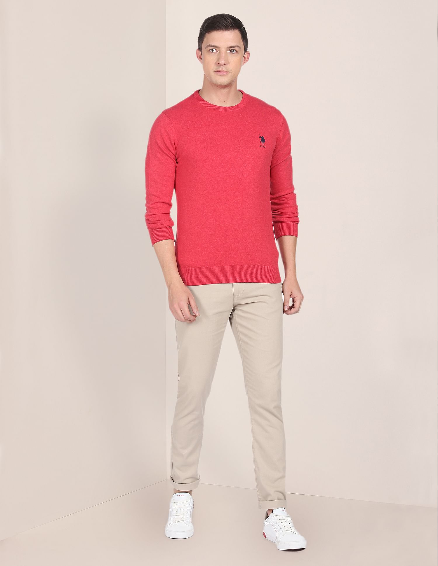 Solid Twill Casual Trousers Stone - U.S. Polo Assn. India | Large