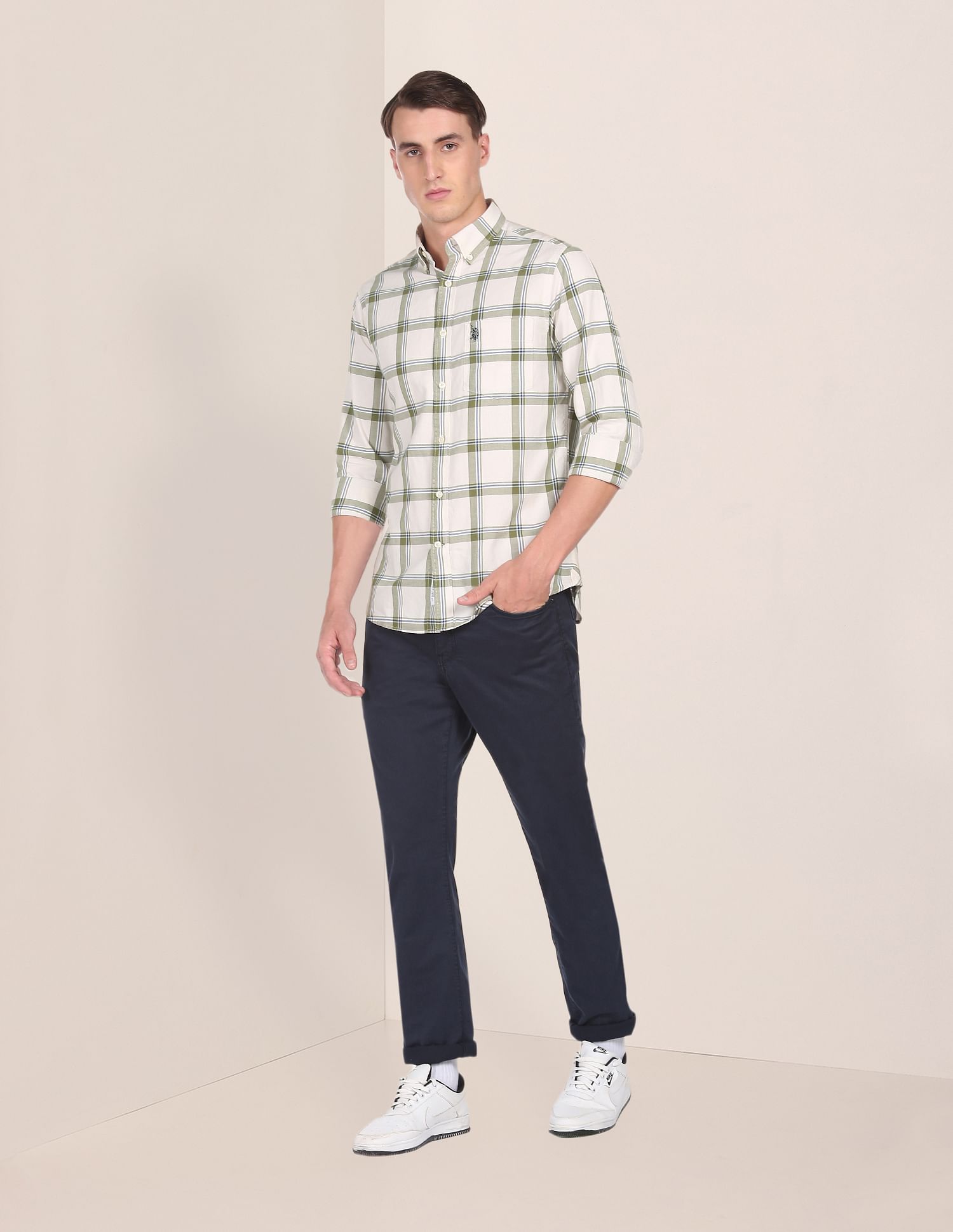 Men White and Green Cotton Plaid Check Casual Shirt White and Green - U.S. Polo Assn. India | Large