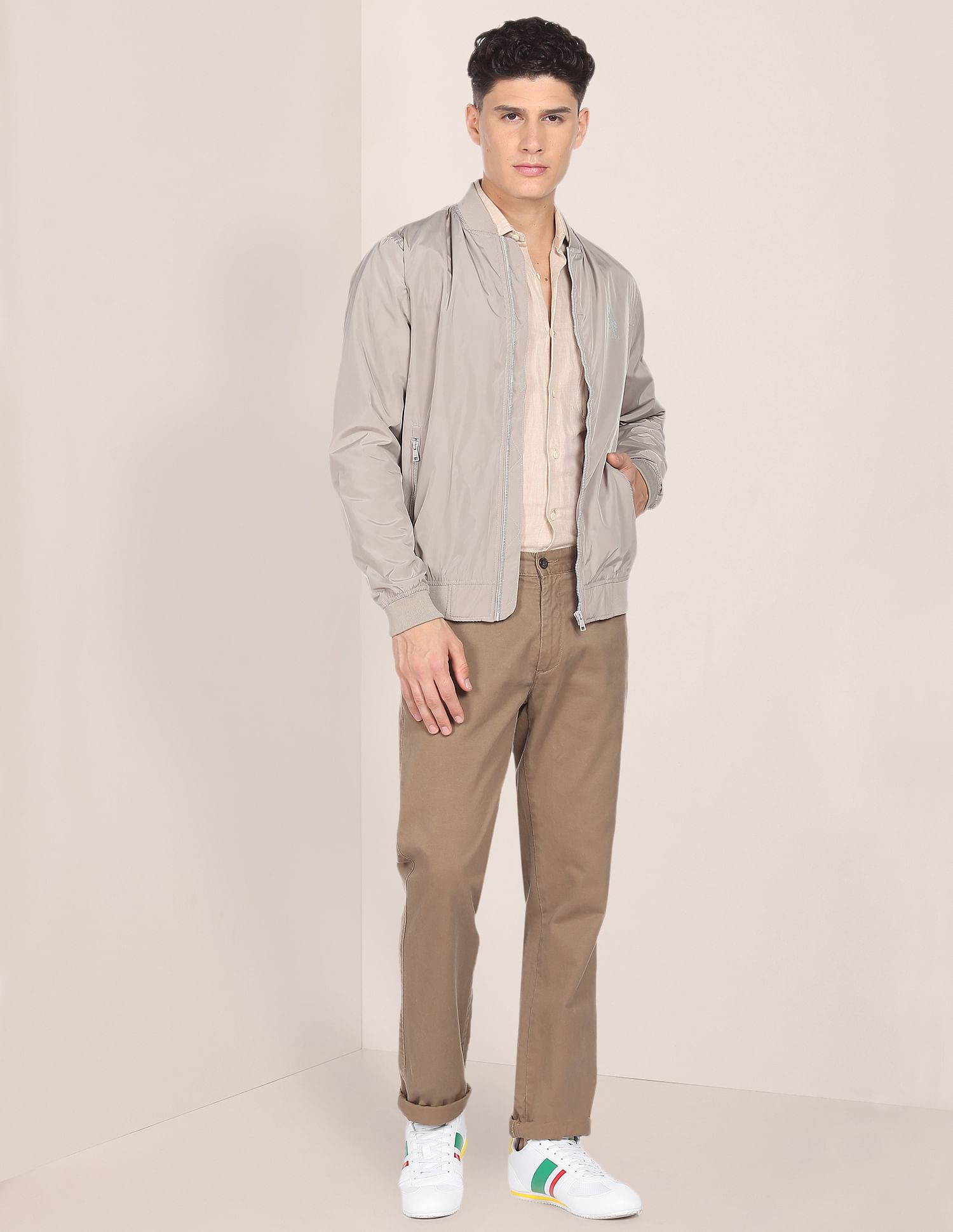 Solid Stand Collar Bomber Jacket Stone - U.S. Polo Assn. India | Large
