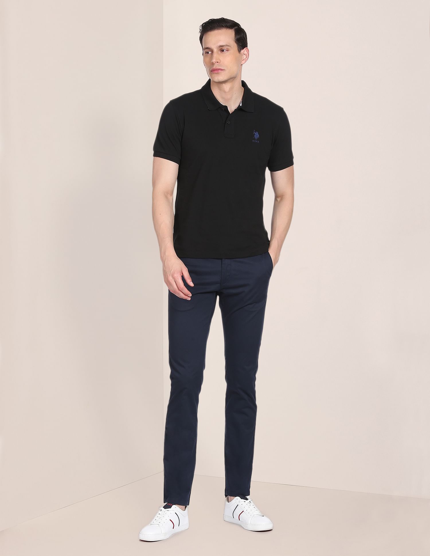 Mid Rise Solid Casual Trousers Navy - U.S. POLO ASSN. | Large