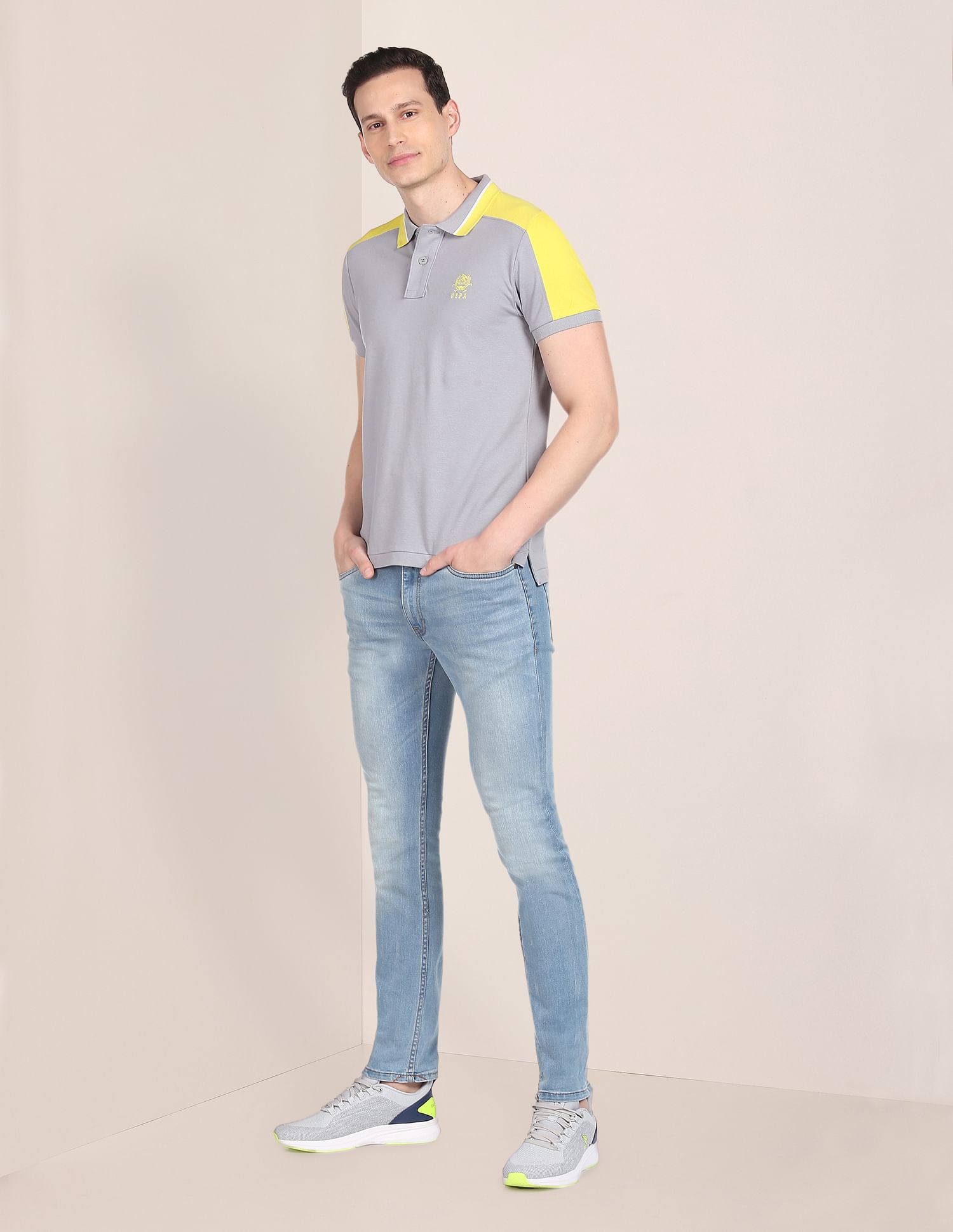 Colour Block Cotton Polo Shirt Grey and Yellow - U.S. Polo Assn. India | Large