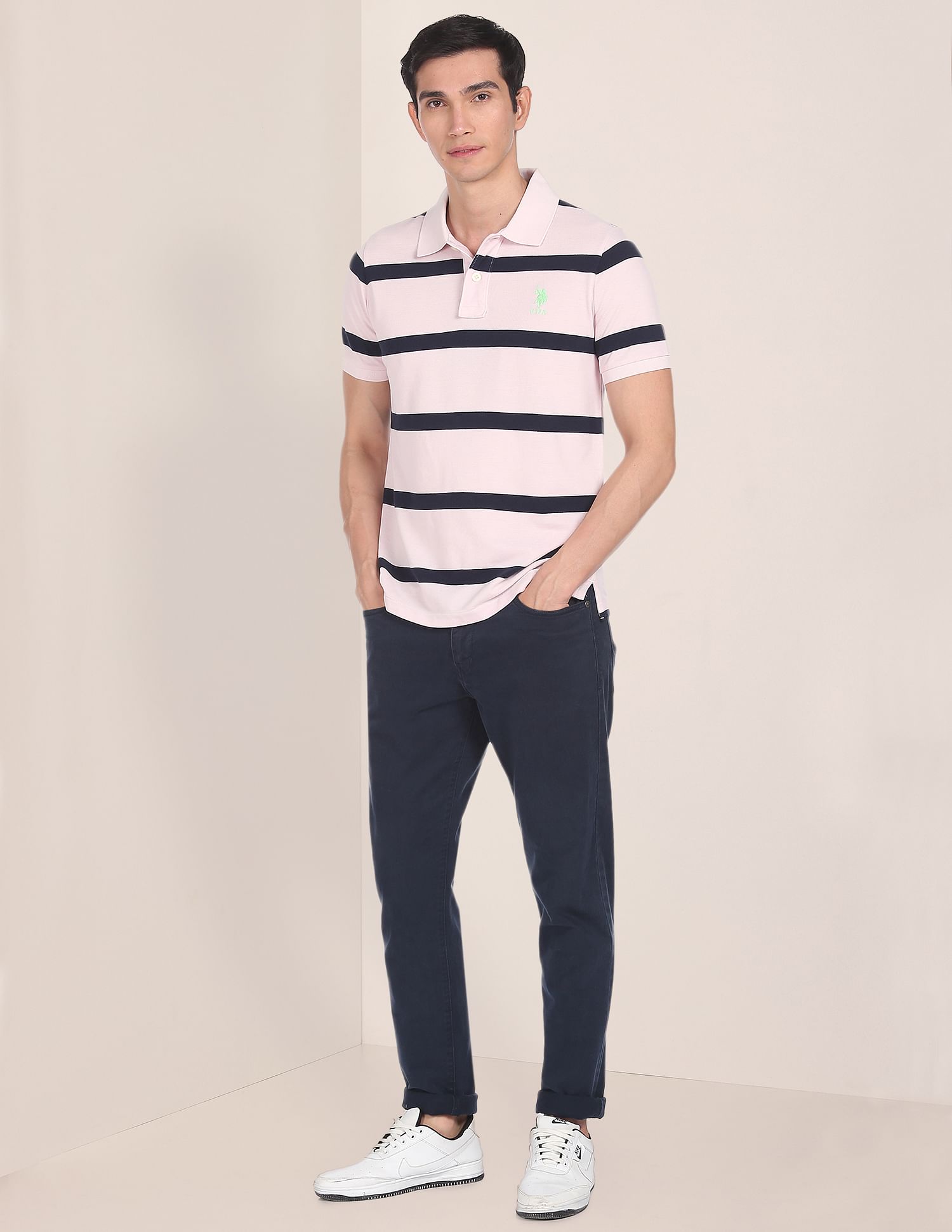 Ribbed Collar Striped Polo Shirt Light Pink - U.S. Polo Assn. India | Large