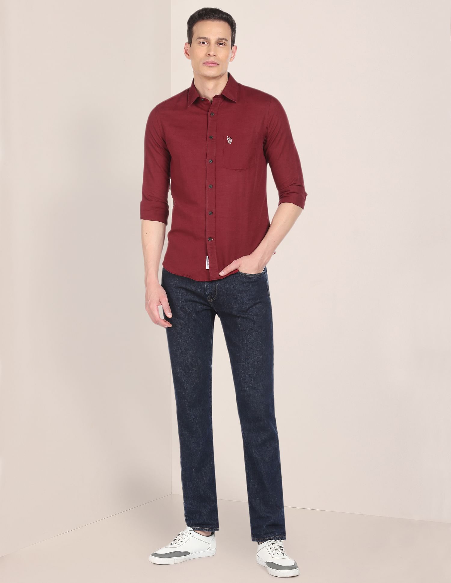 Spread Collar Solid Shirt Maroon - U.S. POLO ASSN. | Large