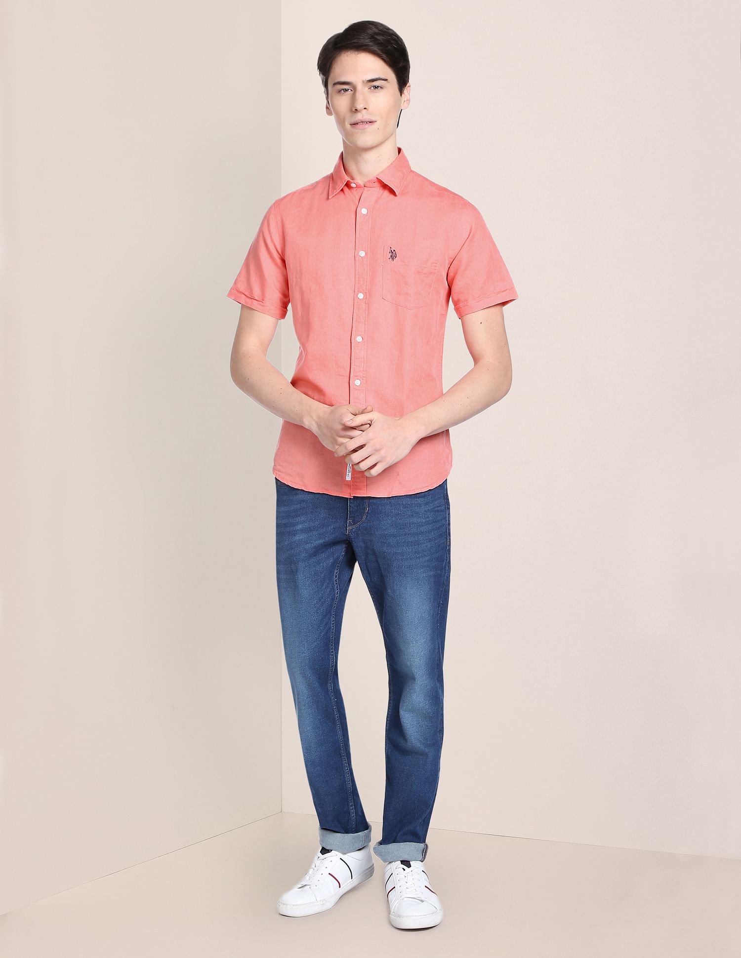 Spread Collar Solid Casual Shirt Pink - U.S. Polo Assn. India | Large