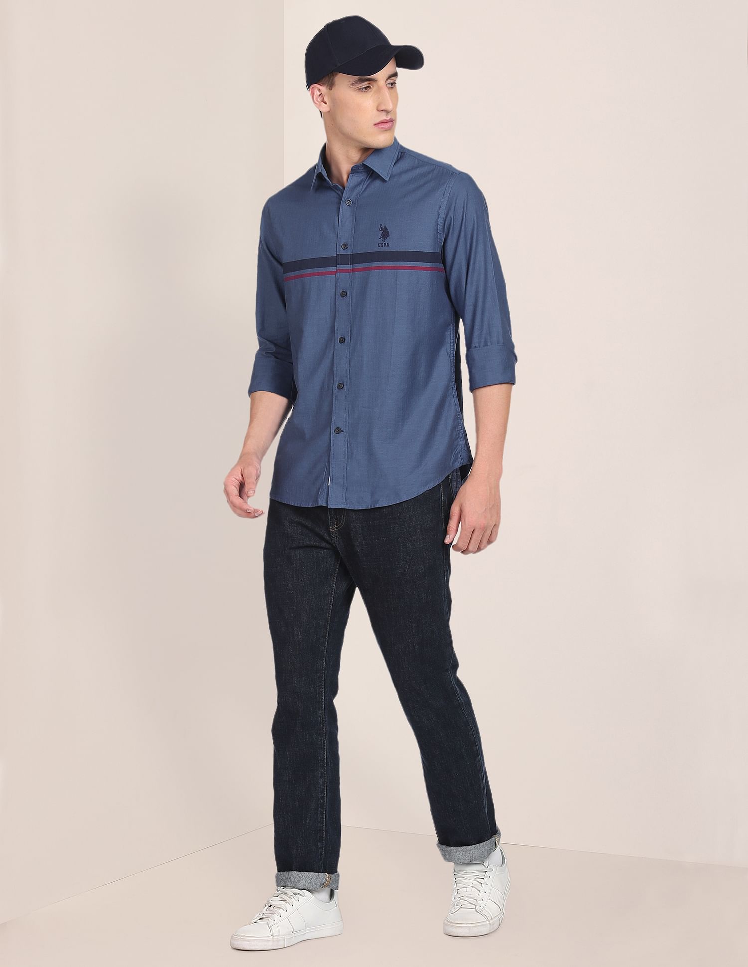 Spread Collar Cotton Striped Casual Shirt Blue - U.S. Polo Assn. India | Large