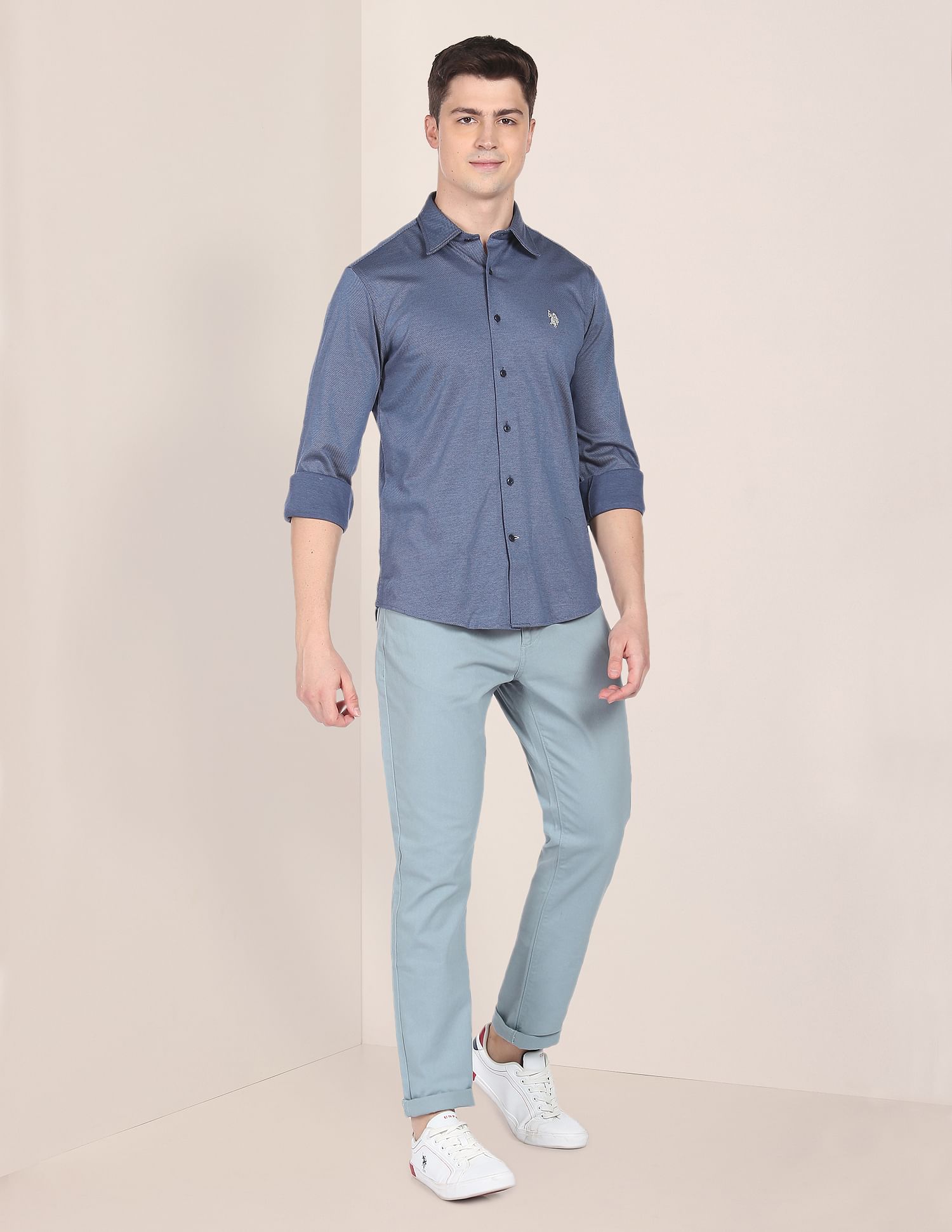 Mid Rise Solid Casual Trousers Light Blue - U.S. POLO ASSN. | Large