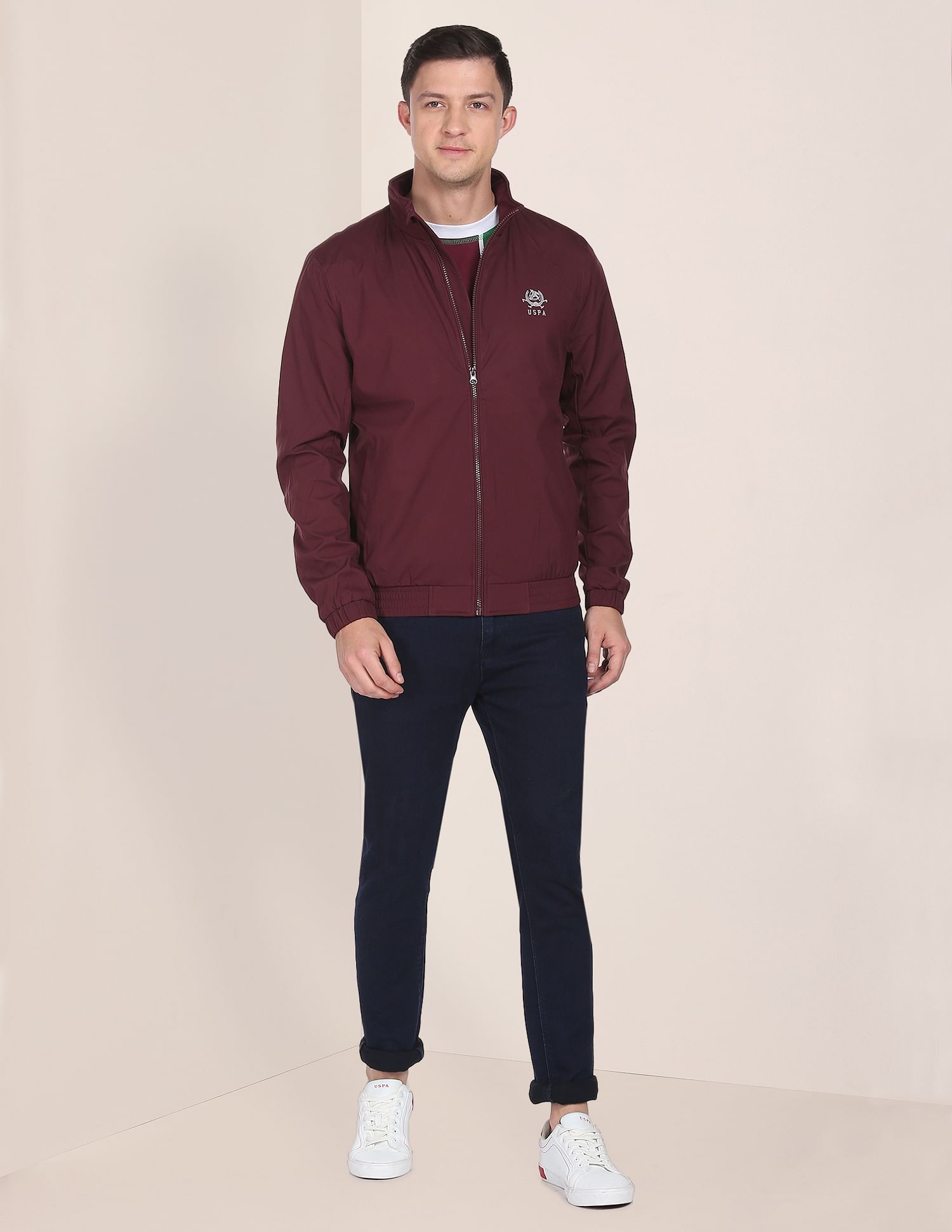 High Neck Solid Polyester Jacket Wine - U.S. POLO ASSN. | Large