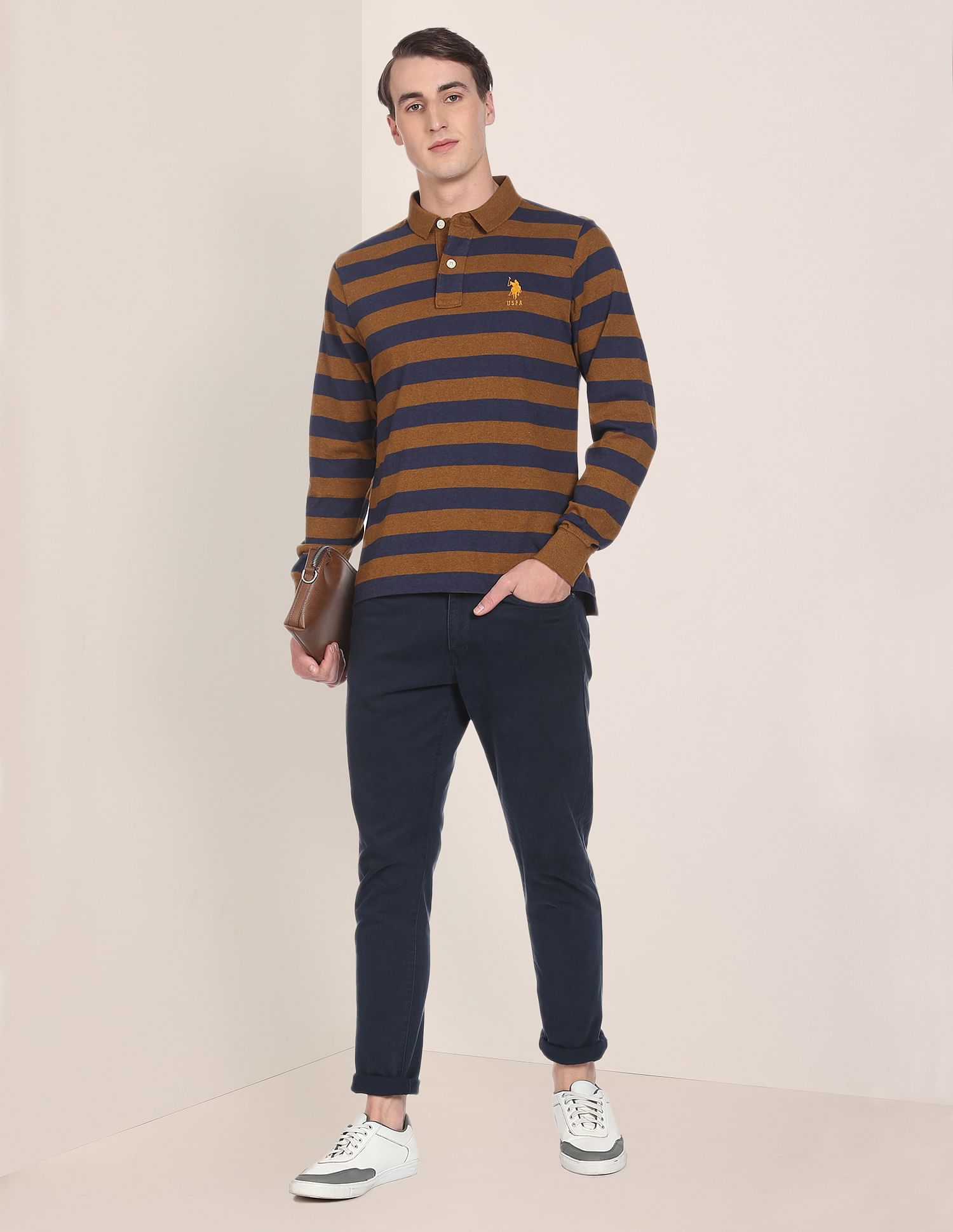 Long Sleeve Horizontal Stripe Polo Shirt Ochre and Navy - U.S. Polo Assn. India | Large