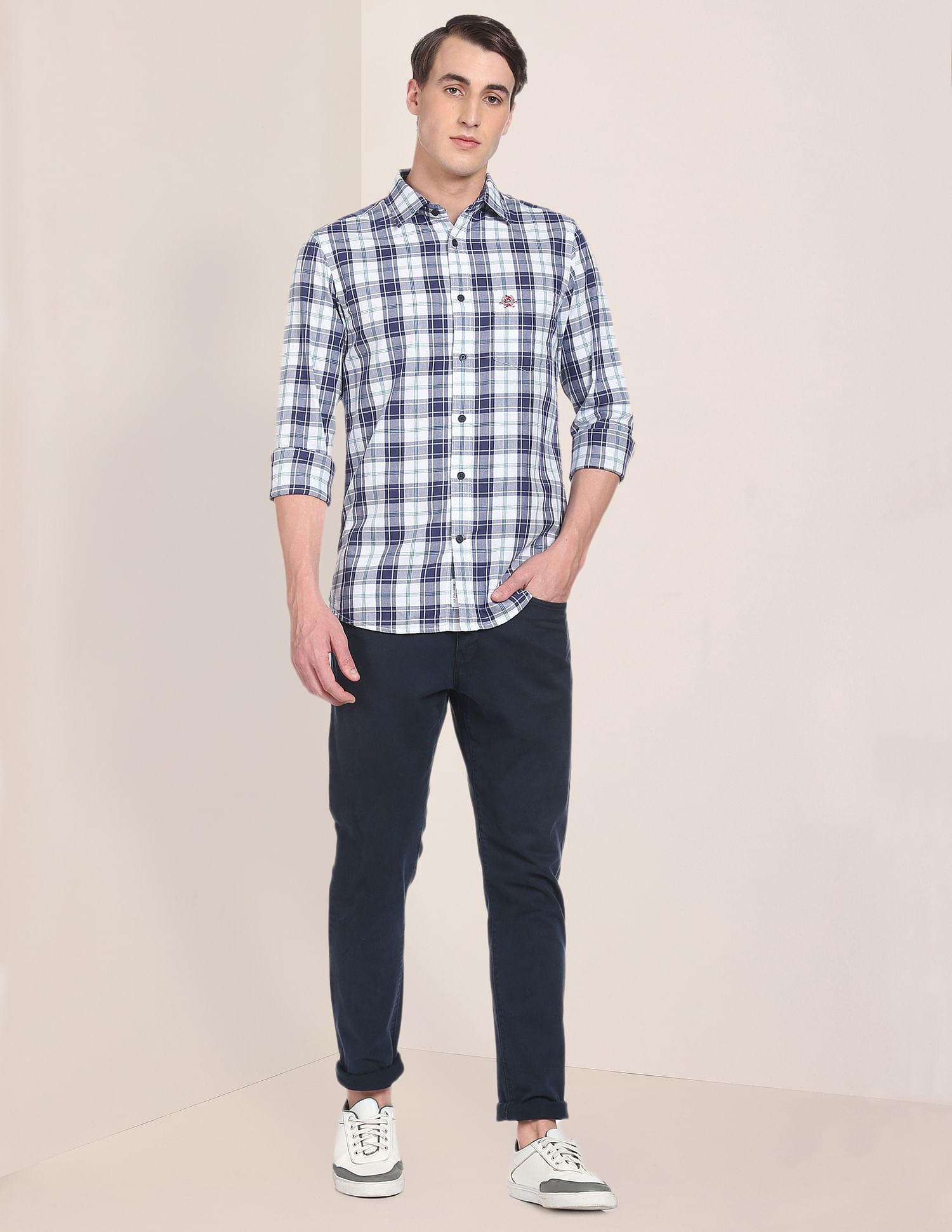 Twill Weave Plaid Check Casual Shirt White and Navy - U.S. POLO ASSN. | Large