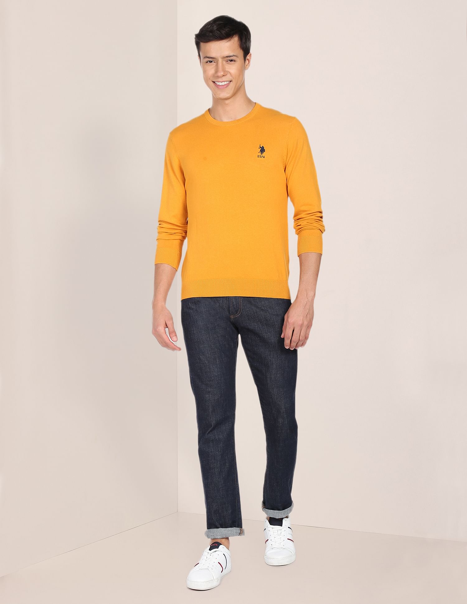 Crew Neck Solid Sweater Mustard - U.S. POLO ASSN. | Large
