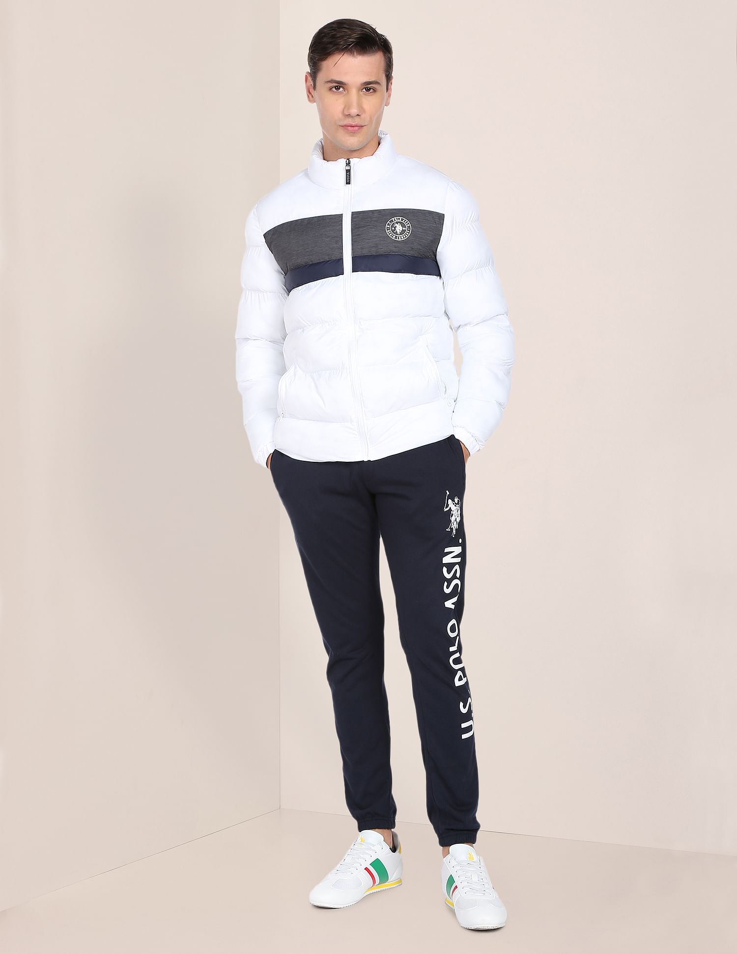 Men Black Drawstring Waist Brand Print Joggers Navy - U.S. Polo Assn. India | Large