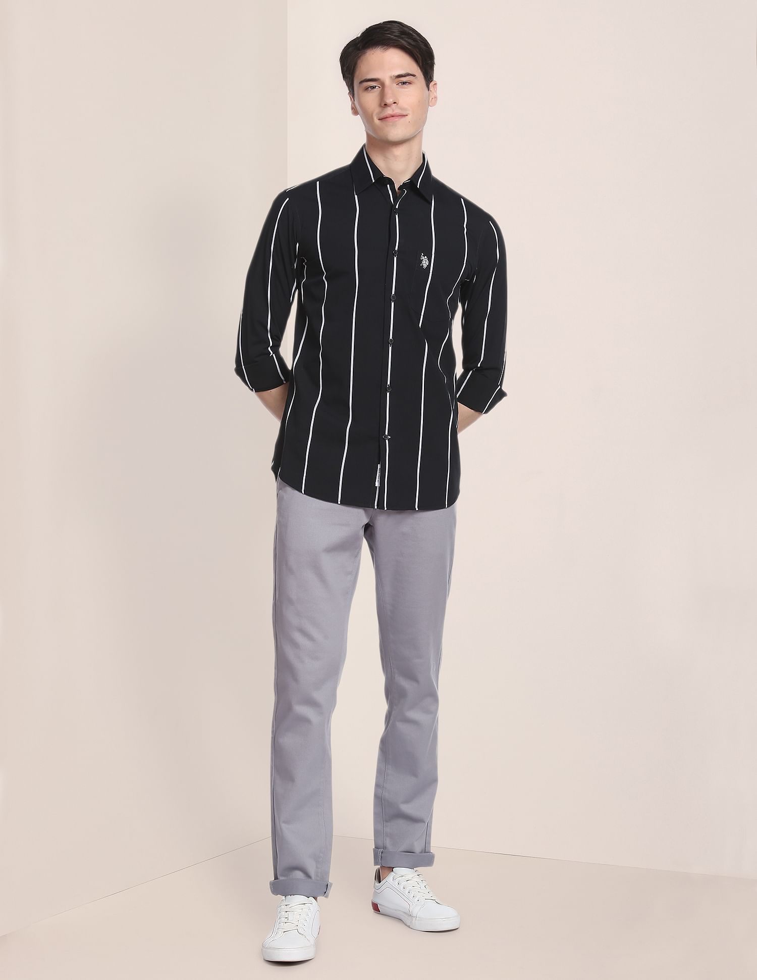 Iconic Peached Stripe Shirt Black - U.S. Polo Assn. India | Large