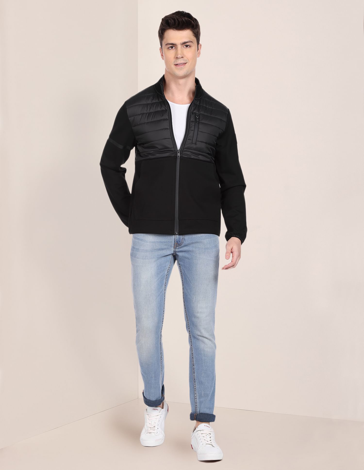 Men Black High Neck Panelled Jacket Black - U.S. Polo Assn. India | Large
