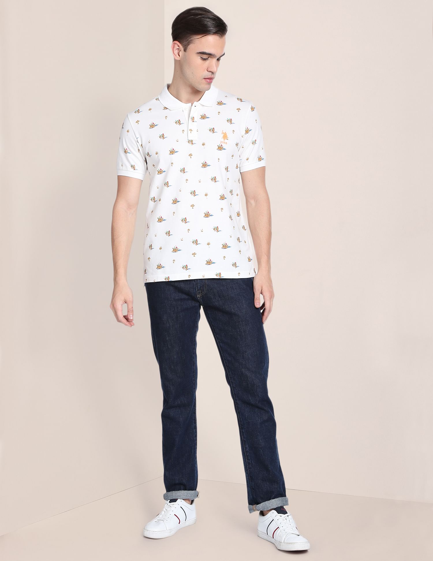 Motif Print Knit Polo Shirt Off White - U.S. Polo Assn. India | Large