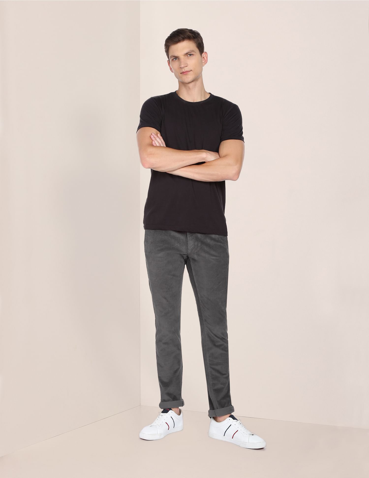 Men Dark Grey Corduroy Weave Denver Slim Fit Casual Trousers Dark Grey - U.S. Polo Assn. India | Large