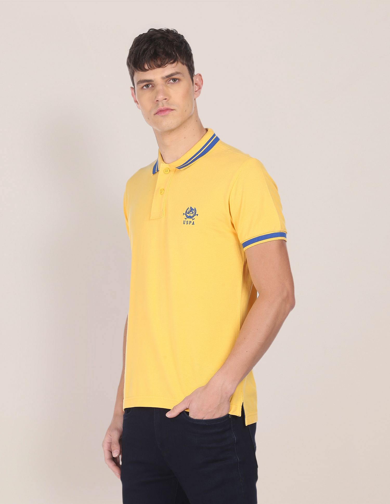 Striped Collar Cotton Polo Shirt Yellow - U.S. Polo Assn. India | Large
