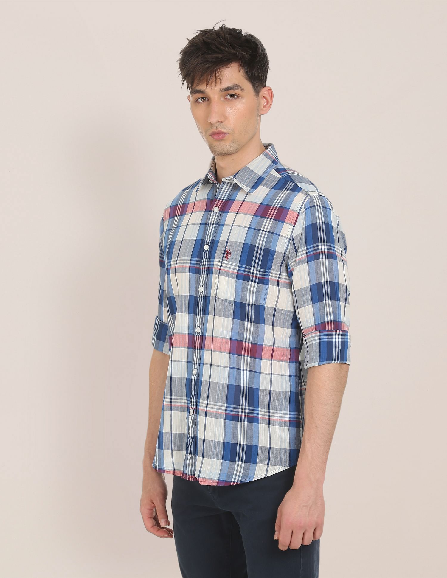 Men Blue Spread Collar Check Casual Shirt Blue - U.S. POLO ASSN. | Large