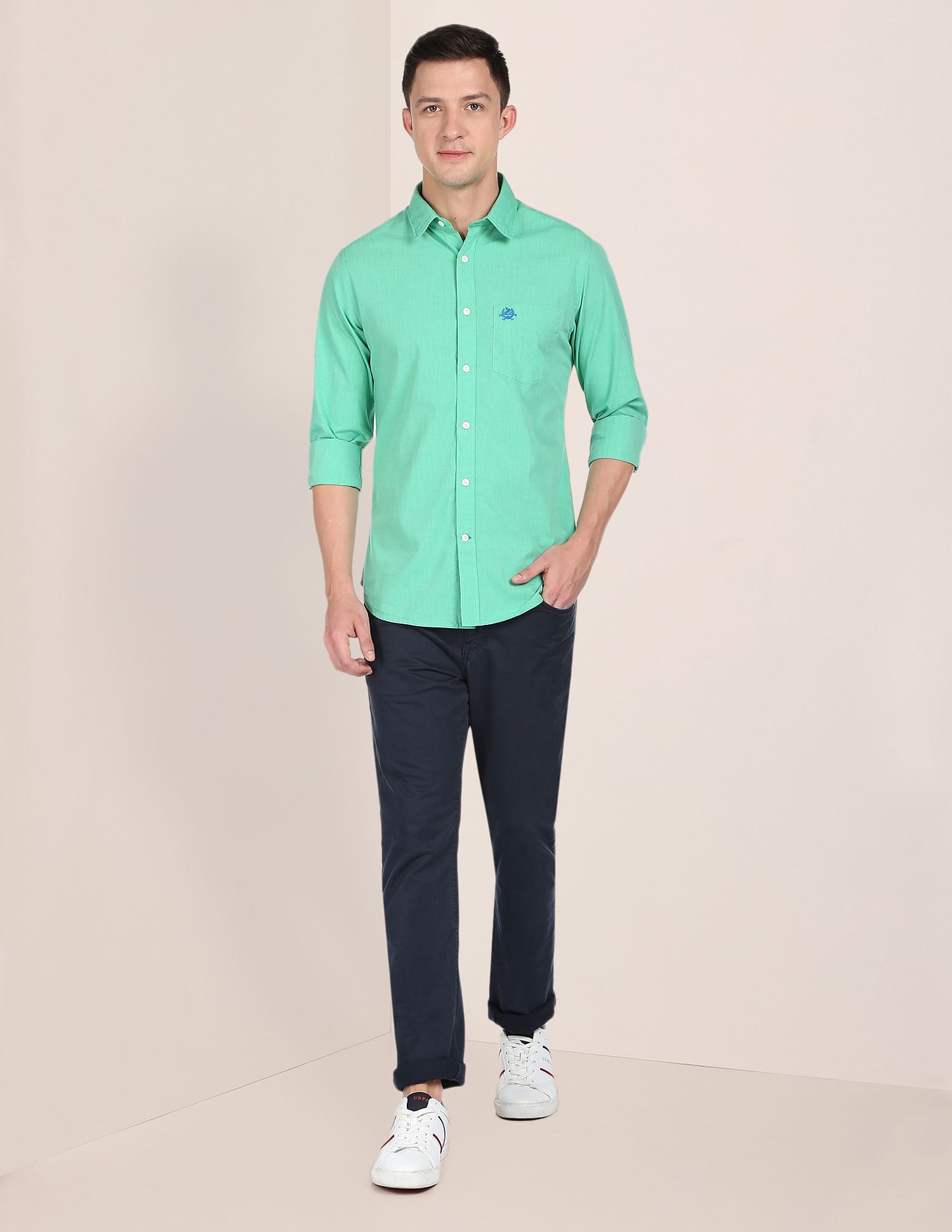 Solid Cotton Casual Shirt Green - U.S. Polo Assn. India | Large